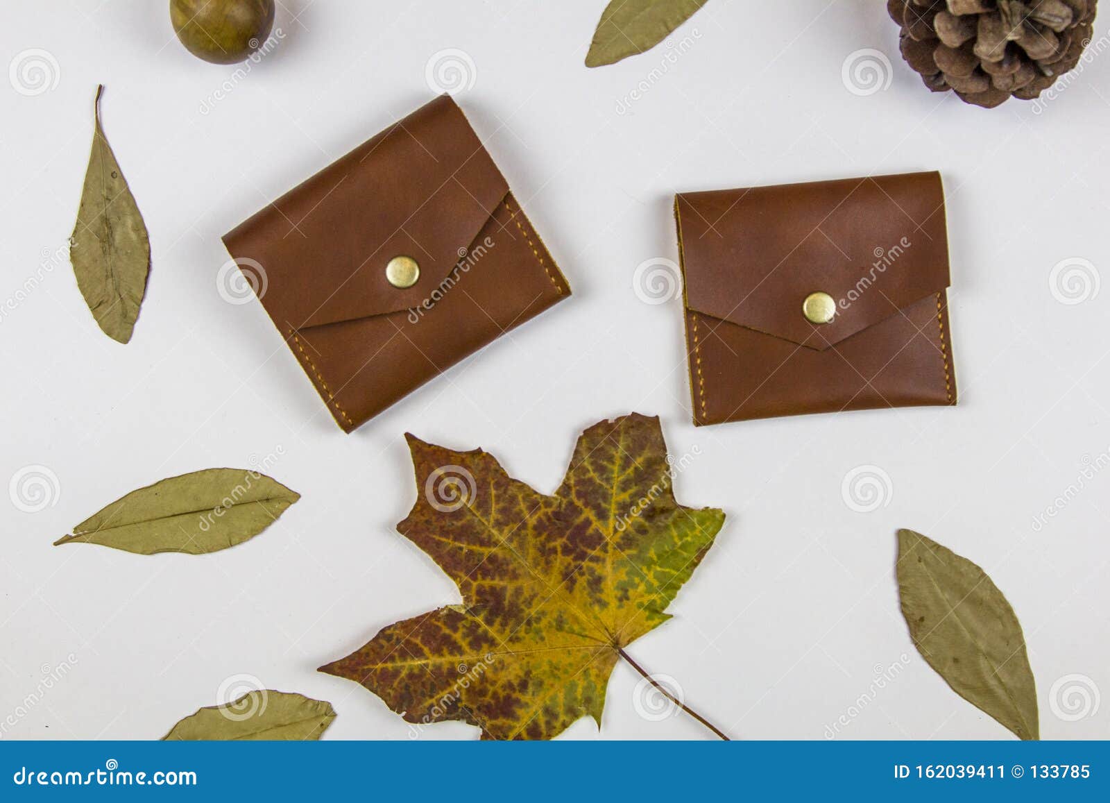 Leather Wallets and Dry Autumn Leaves on a White Background, Top View
