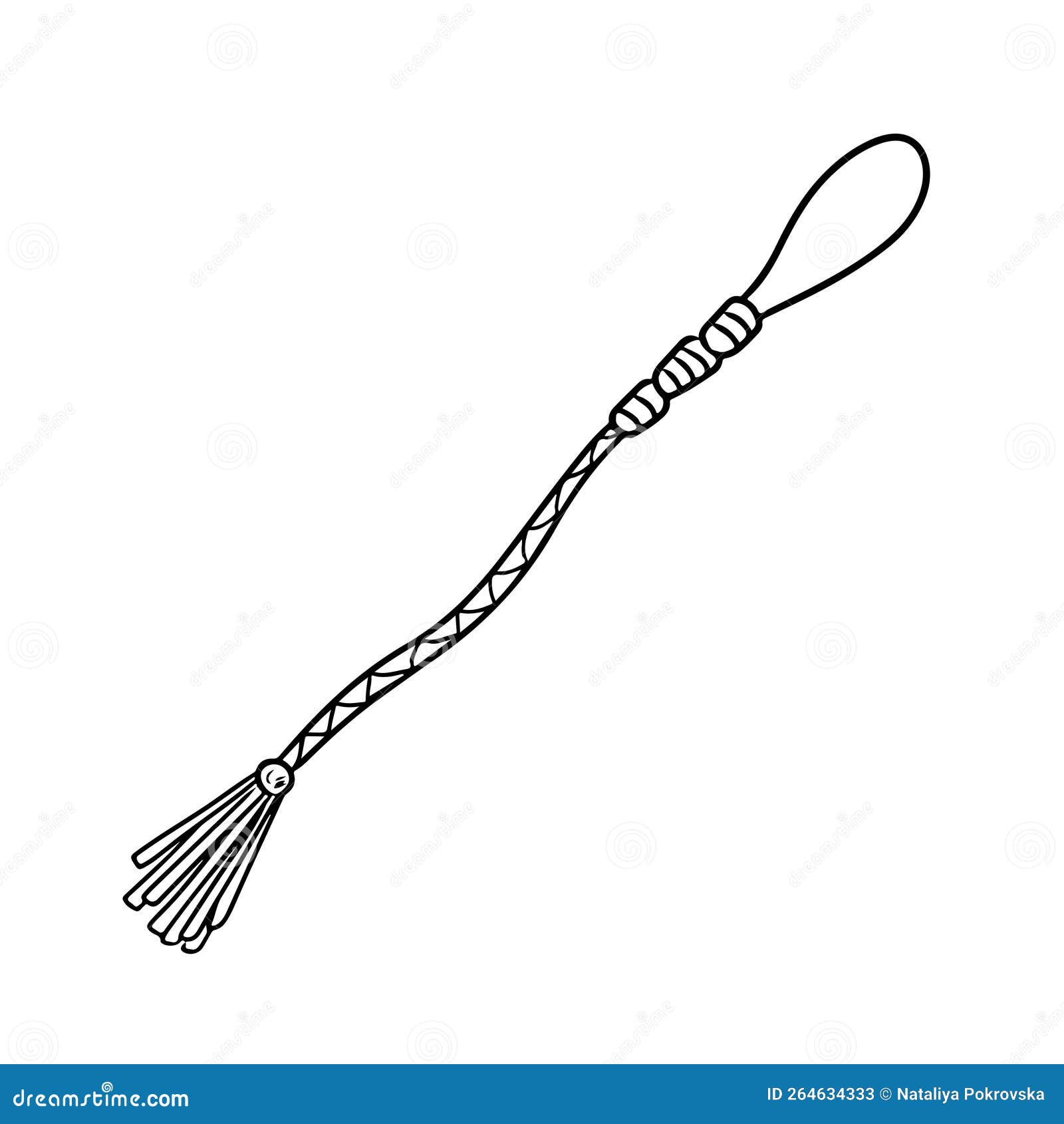 leather whip knout with small tassels in black  on white background. hand drawn  sketch  in doodle