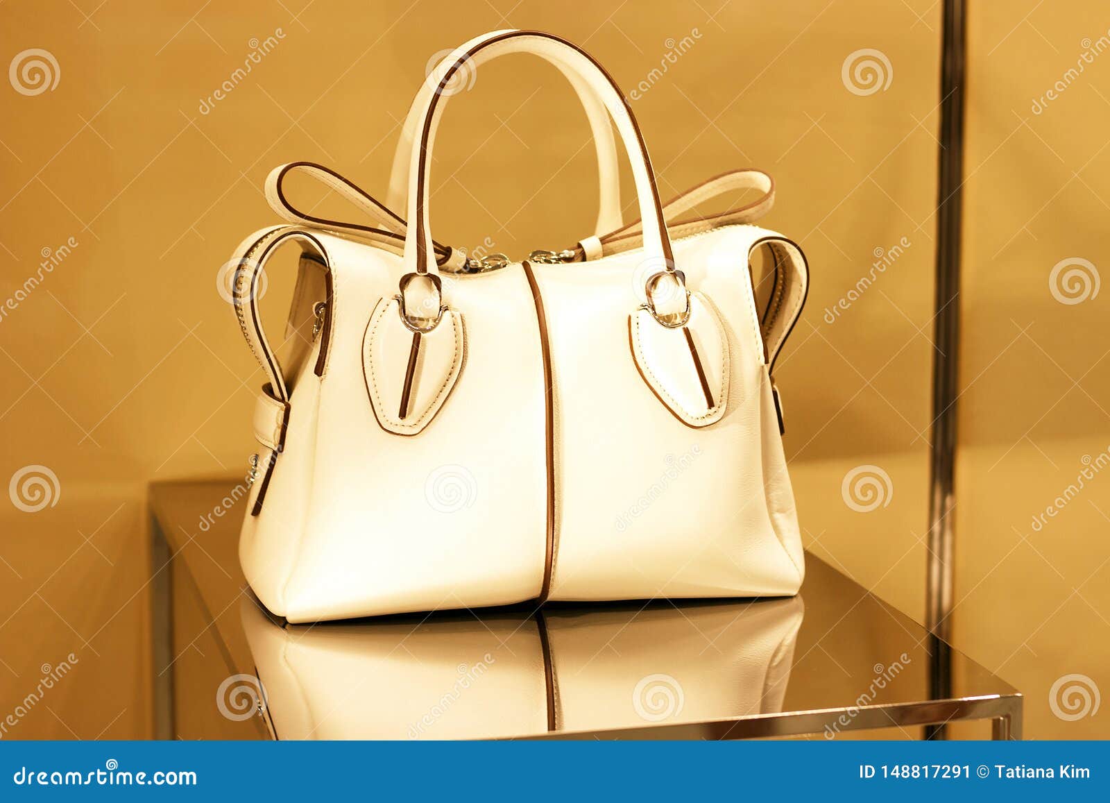 Leather White Women Bag on the Storefront Closeup, Front View Stock