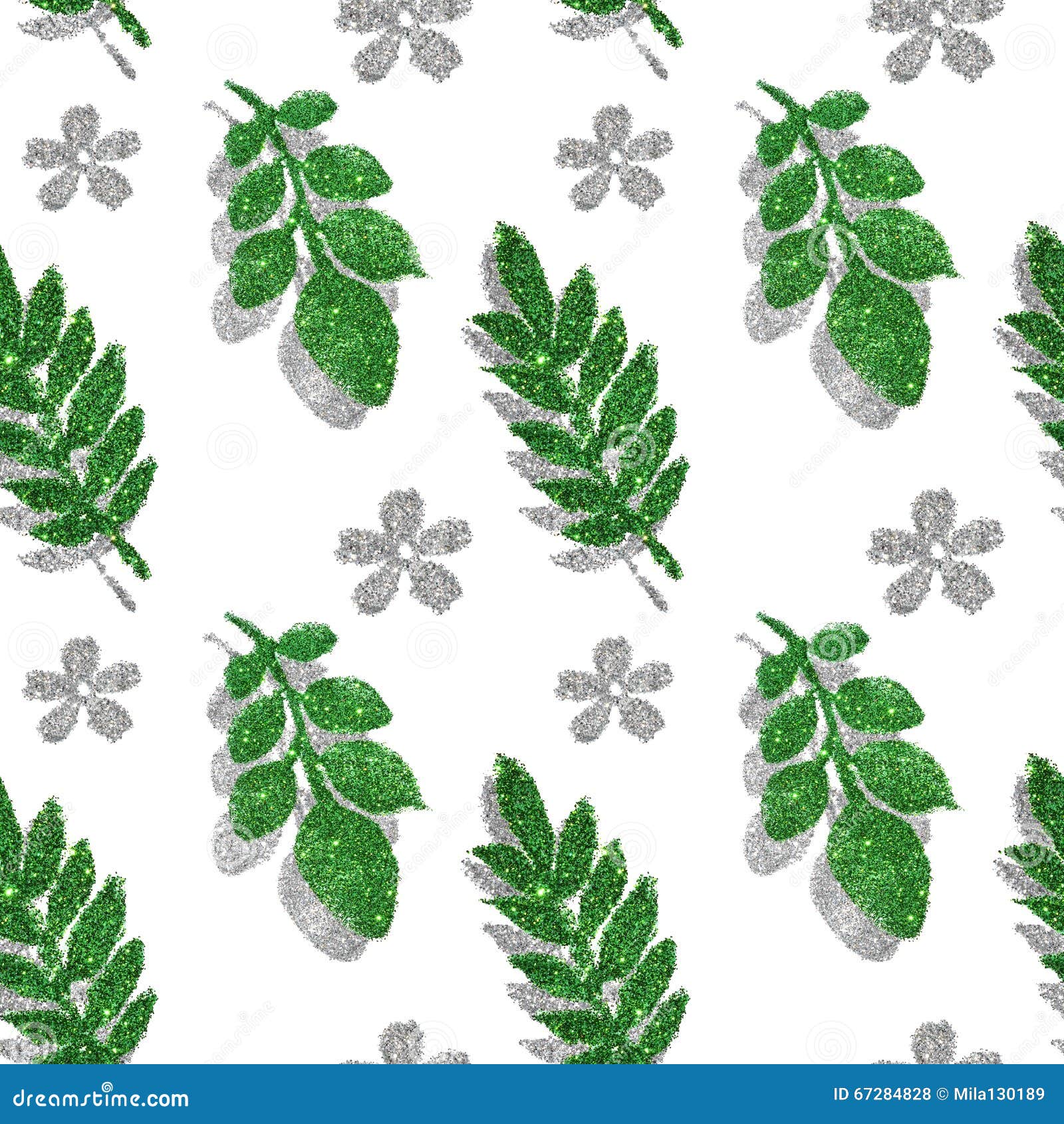 Leaves and Flowers of Green and Silver Glitter on White Background