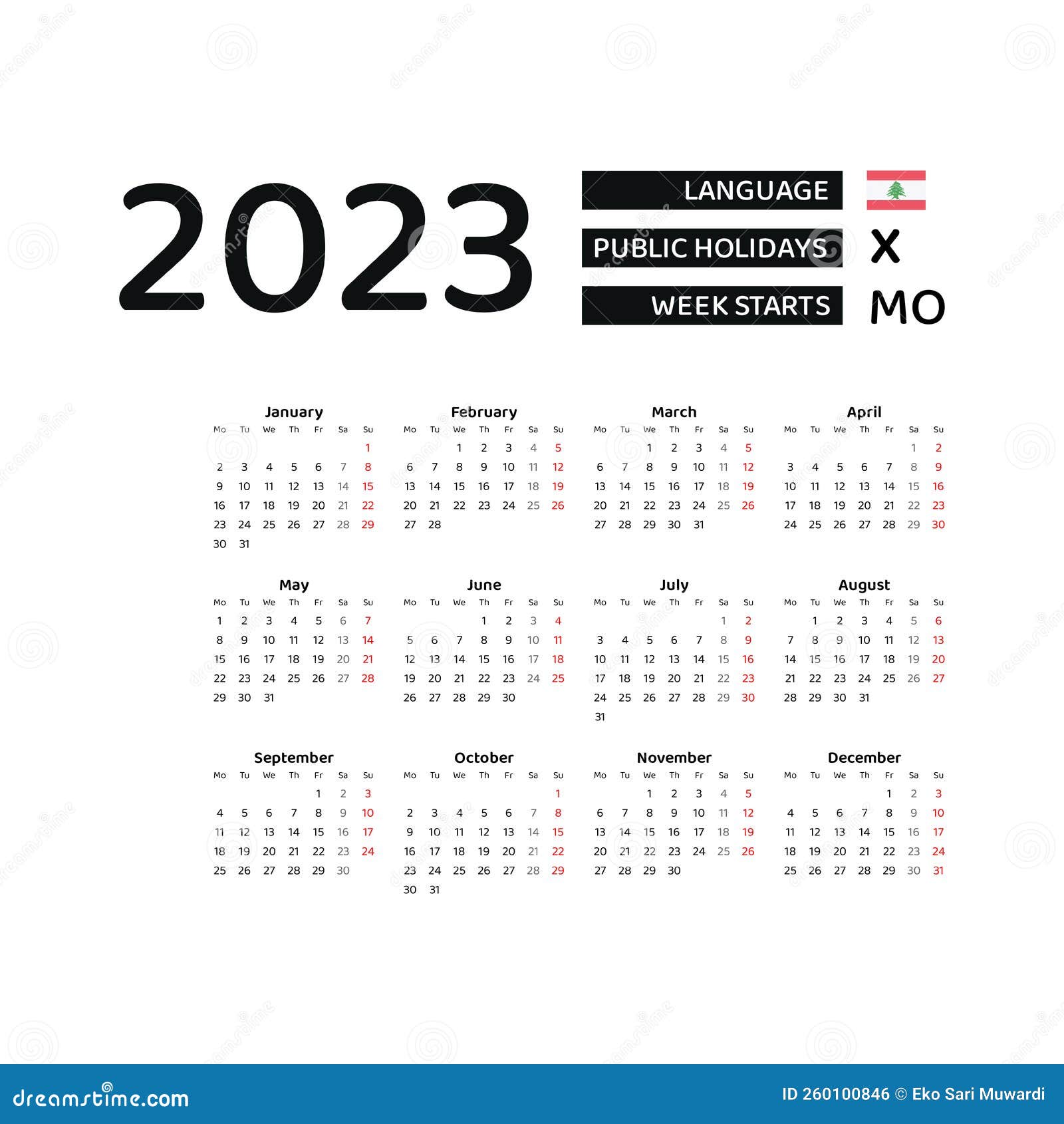 Lebanon Calendar 2023. Week Starts from Monday. Vector Graphic Design