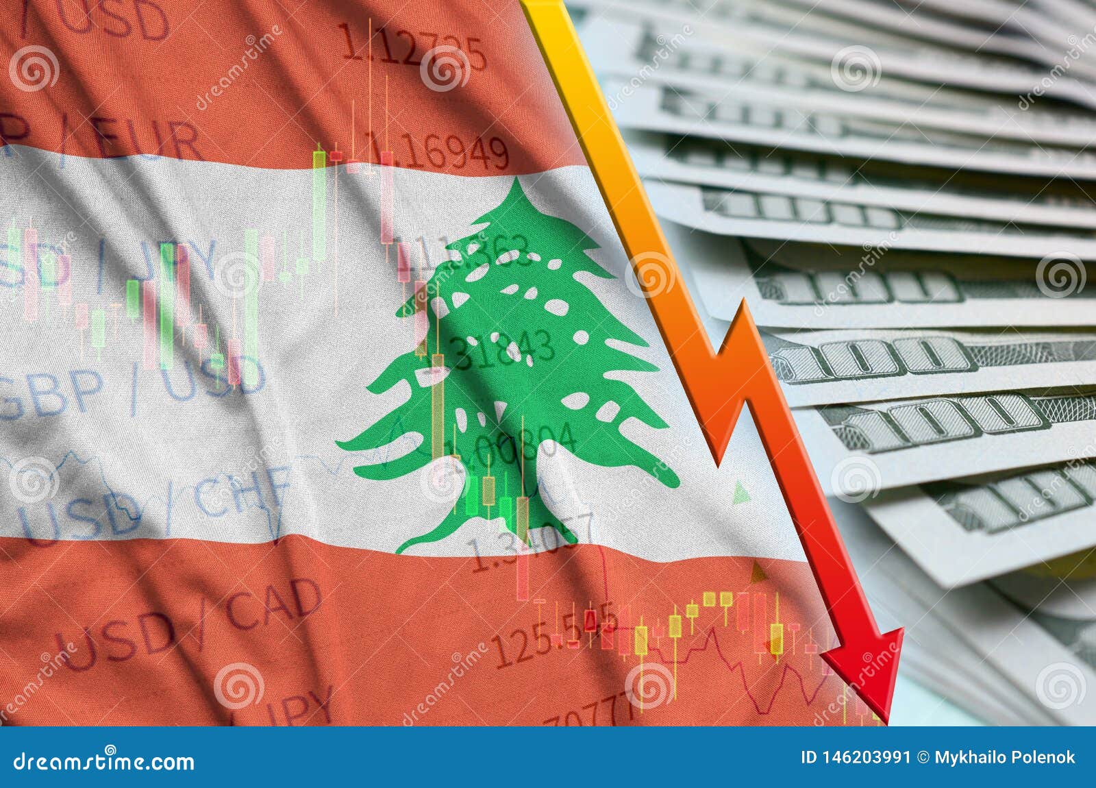 Lebanon Flag and Chart Falling US Dollar Position with a Fan of Dollar