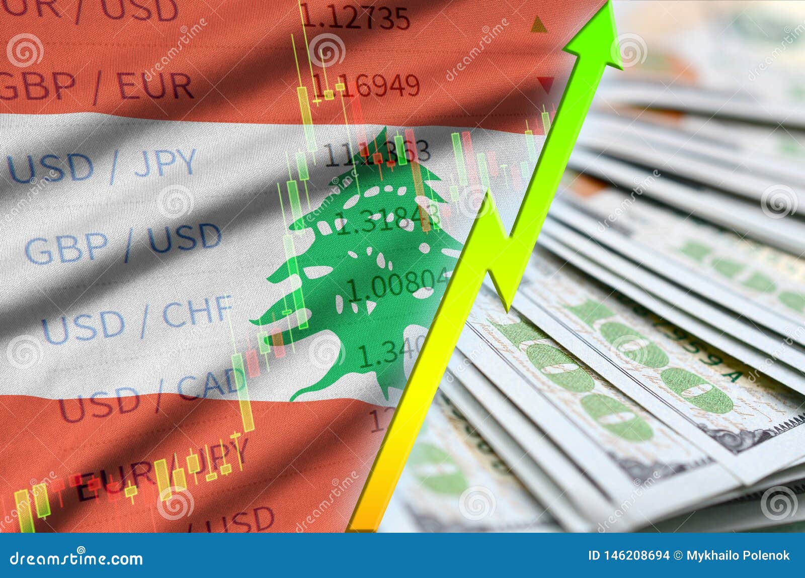 Lebanon Flag and Chart Growing US Dollar Position with a Fan of Dollar
