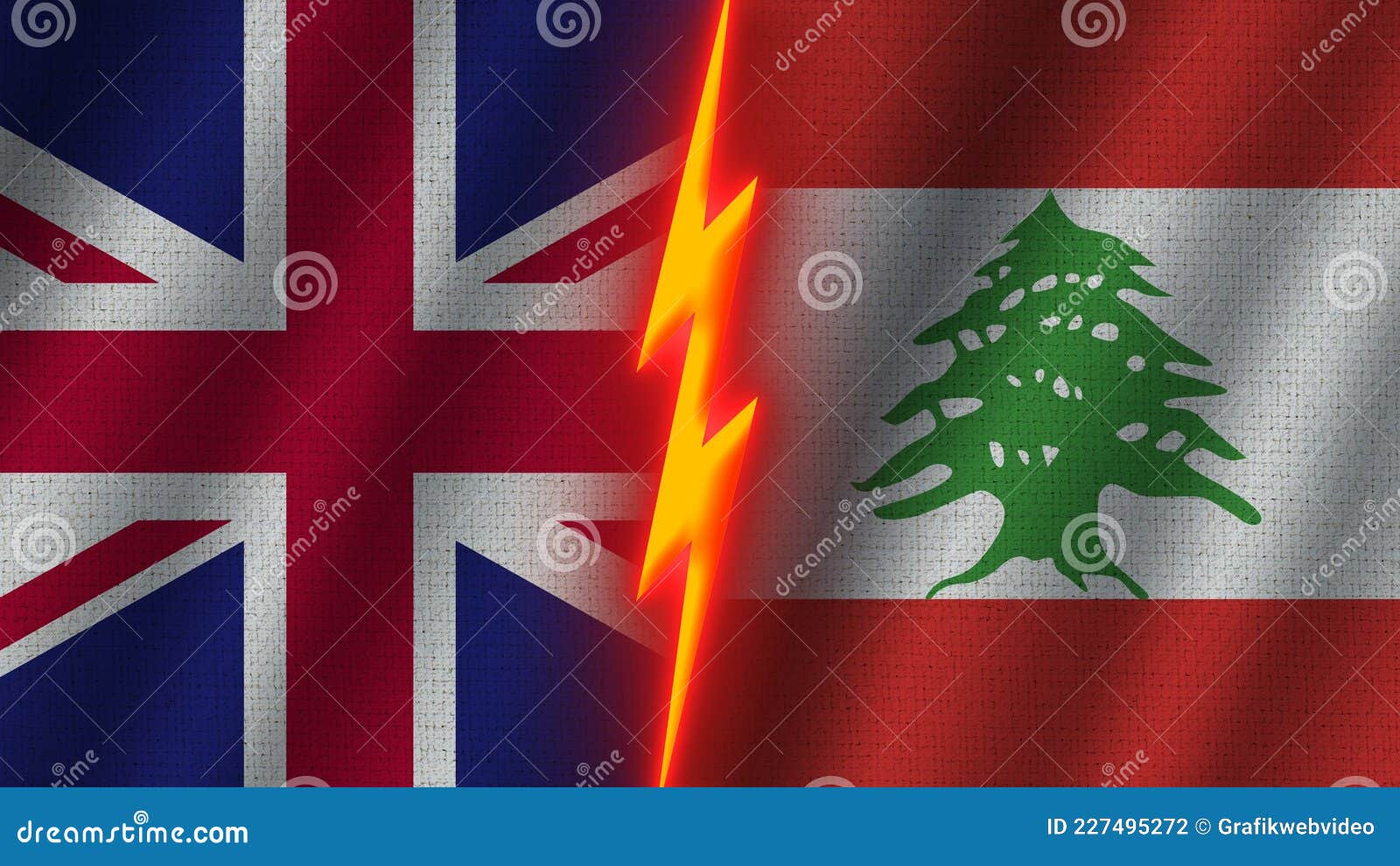 lebanon and united kingdom flags together, fabric texture, thunder icon, 3d 