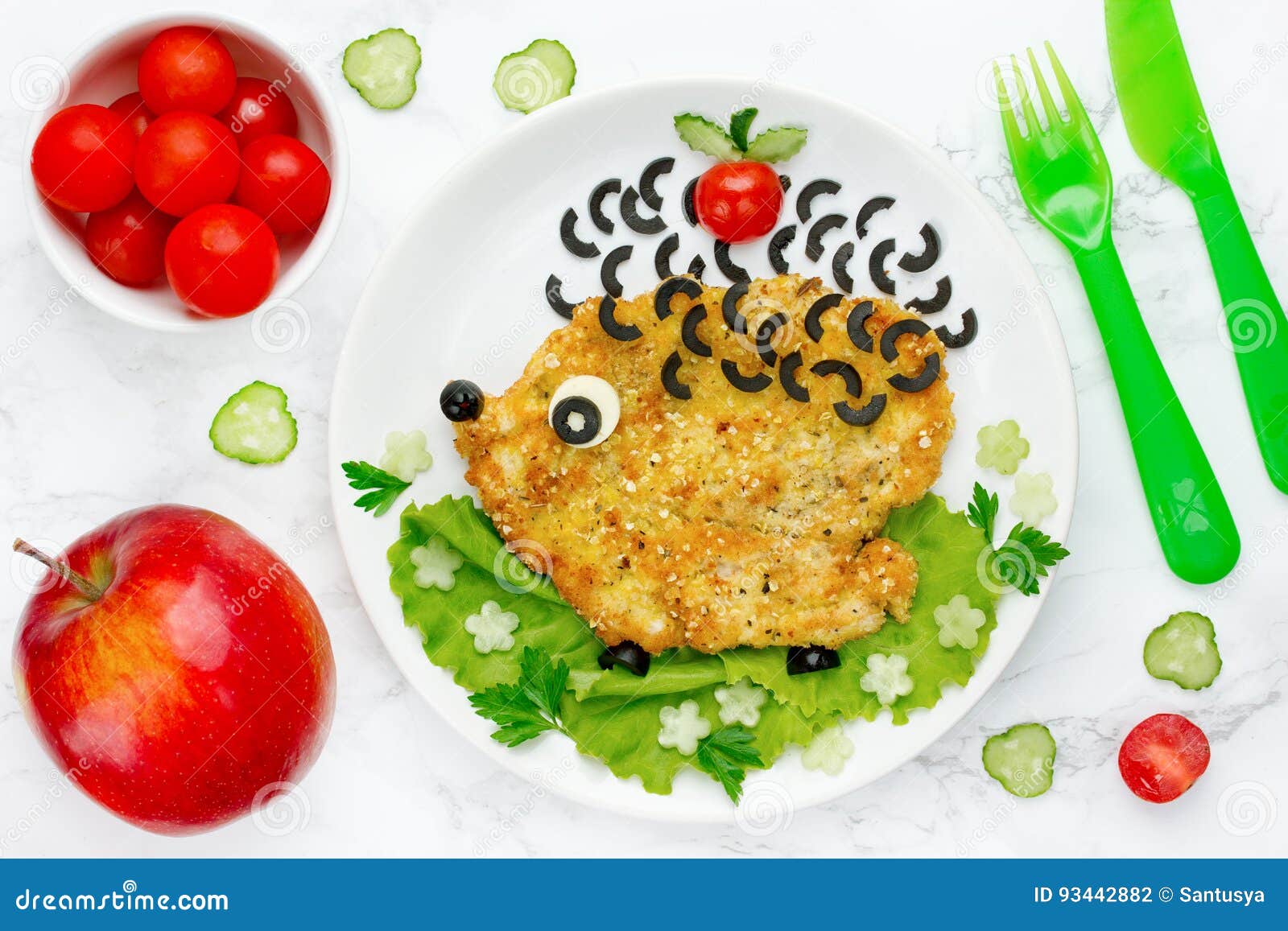 Lebensmittelkunstidee Fur Kinder Schnitzel Mit Gemuse Formte Lustiges Stockfoto Bild Von Lustiges Gemuse