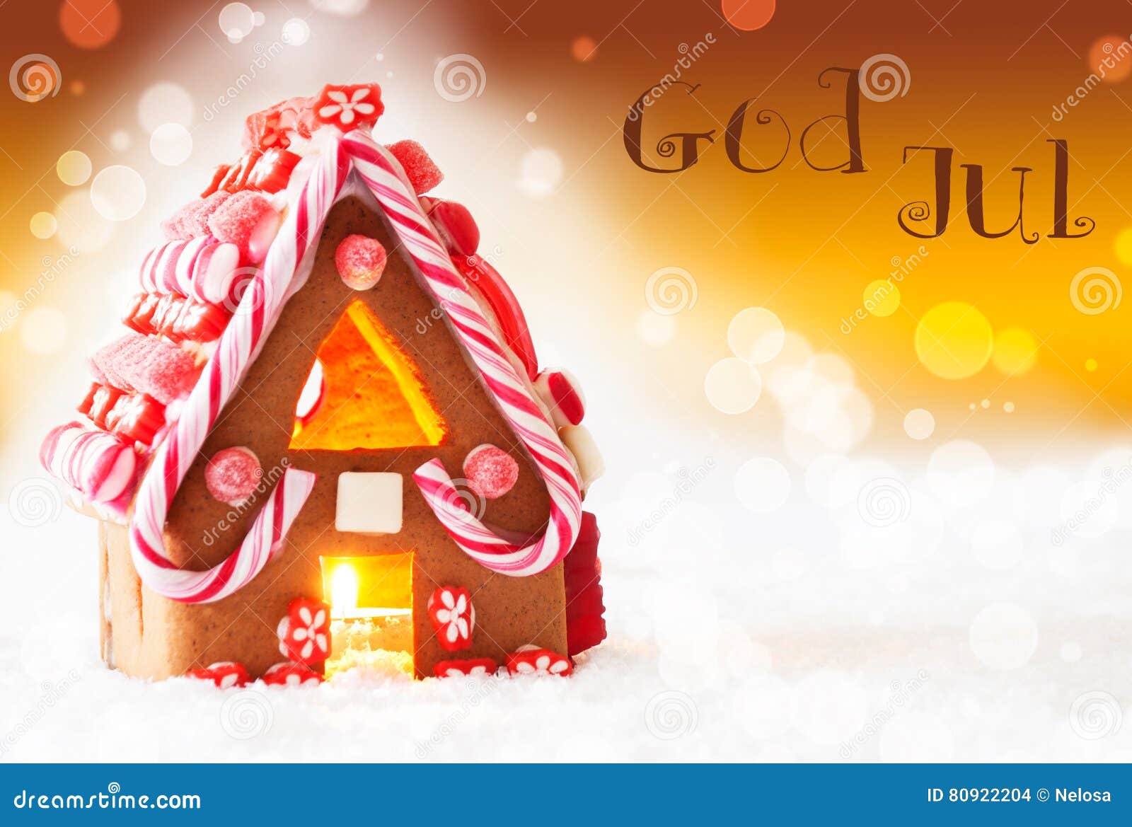 Lebkuchen-Haus, Goldener Hintergrund, Gott Jul Bedeutet ...
