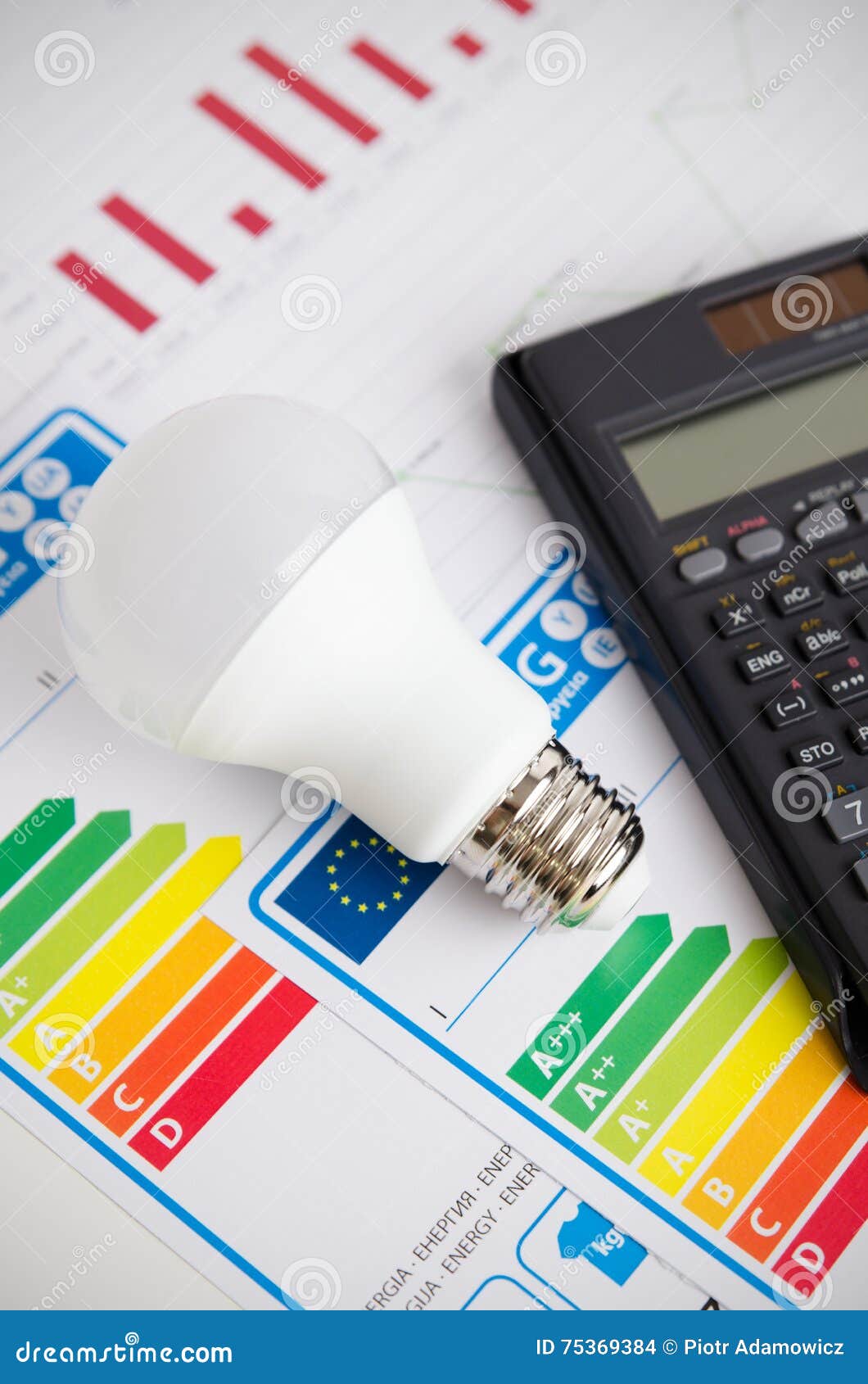 LED Light Bulb on Energy Efficiency Chart. Stock Photo - Image of