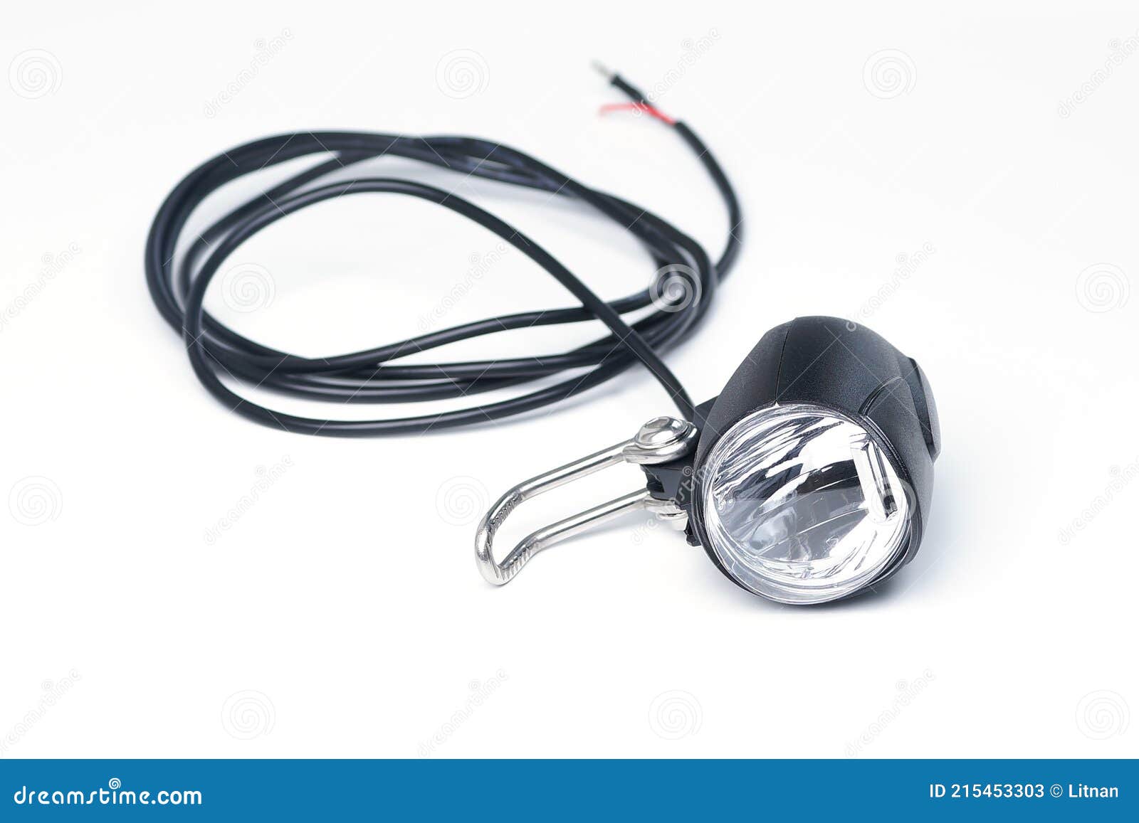 LED Light for Ebike. Bicycle Headlight with Wire on a White Background