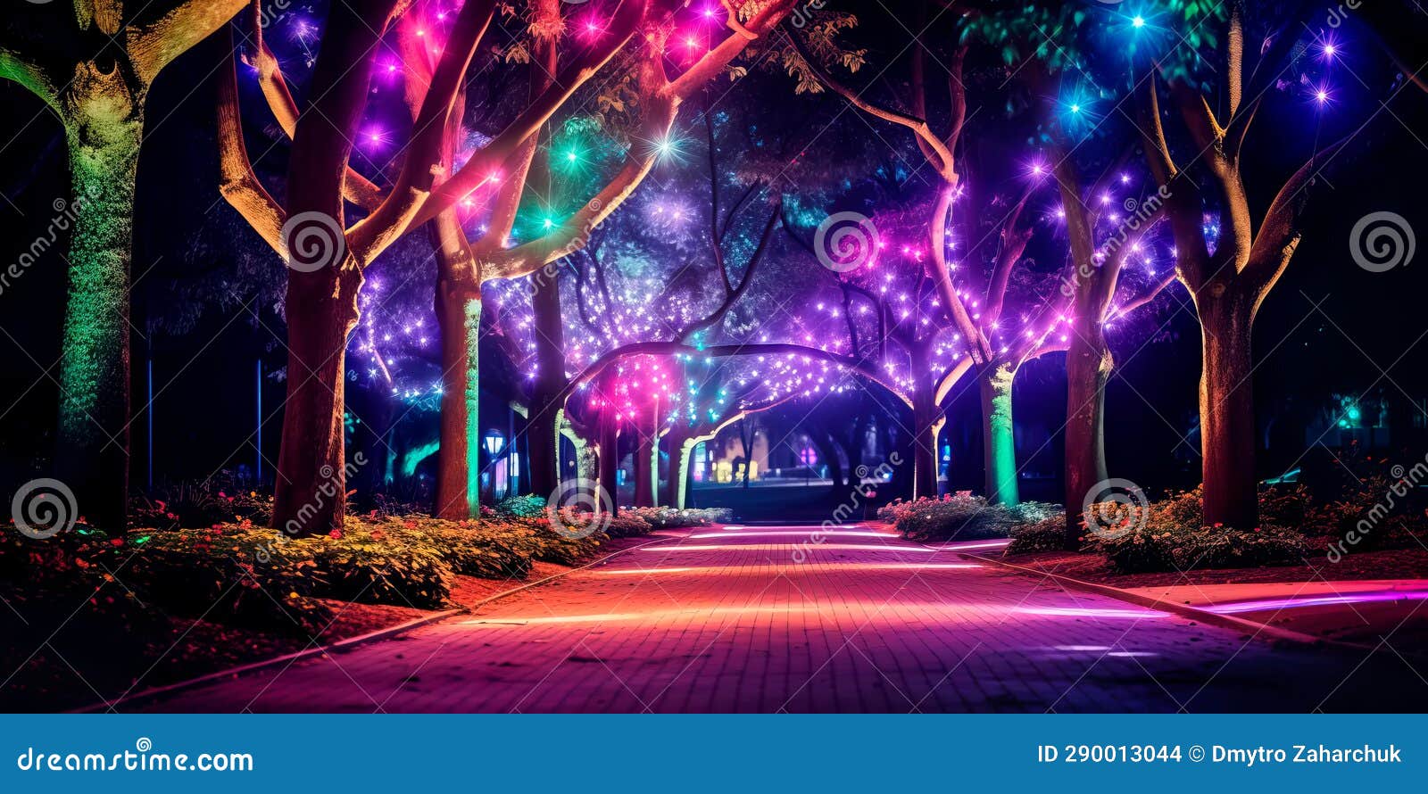 LED Lights on Trees in a Park or Street. Generative AI Stock Photo