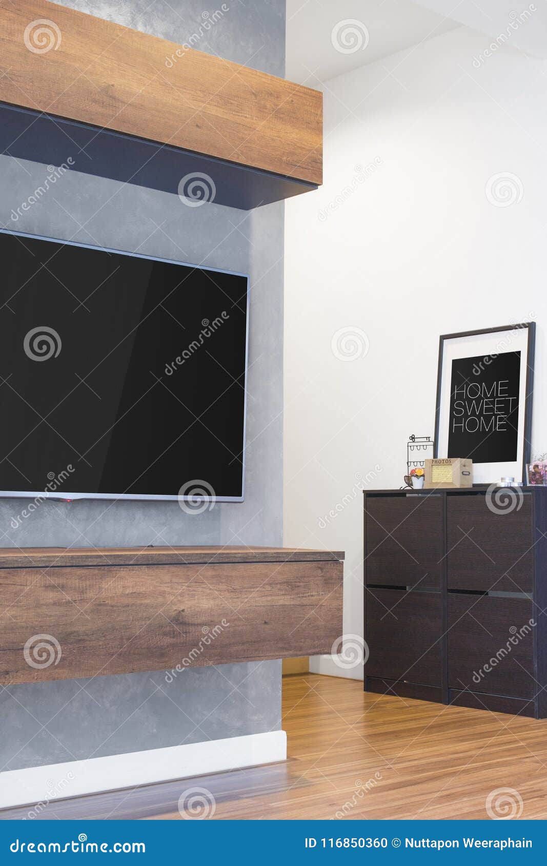 Led Tv Hang On The Cement Wall With Wood Cabinet Furniture And H