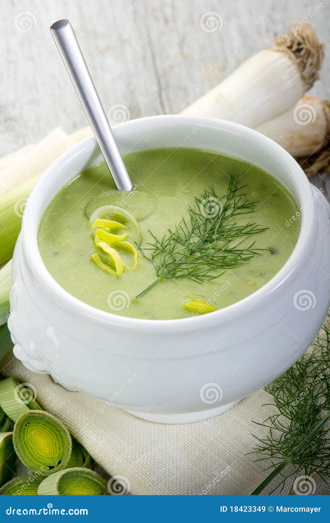 Leek soupe on bowl stock image. Image of herb, leek, green 18423349