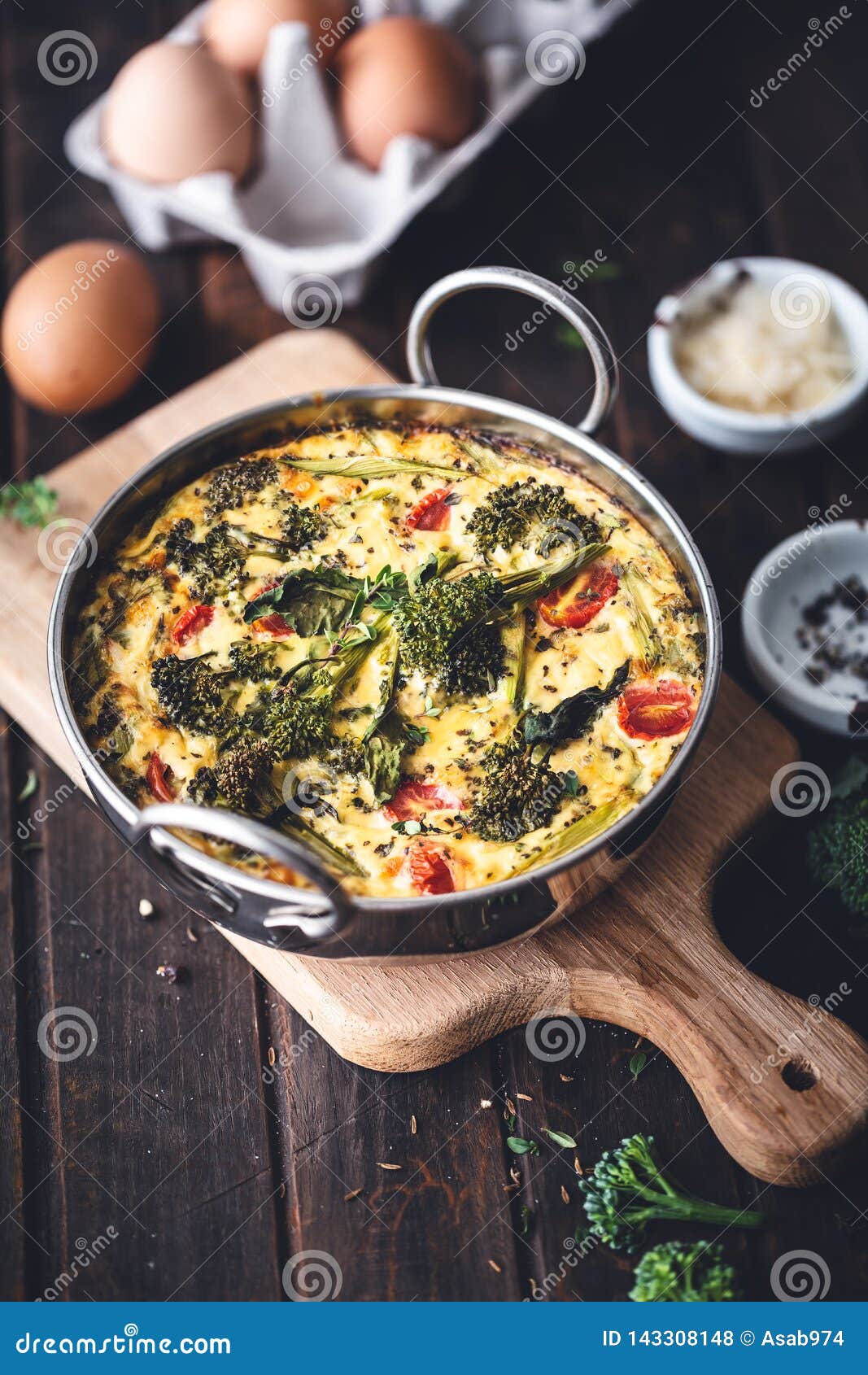 Leeks, Broccoli Eggs Frittata with Parmesan Cheese. Stock Photo Image