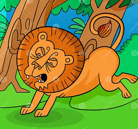 Leeuw Cartoon Vectorclipart Boze Leeuw Springt En Springt Vector Illustratie - Illustration of
