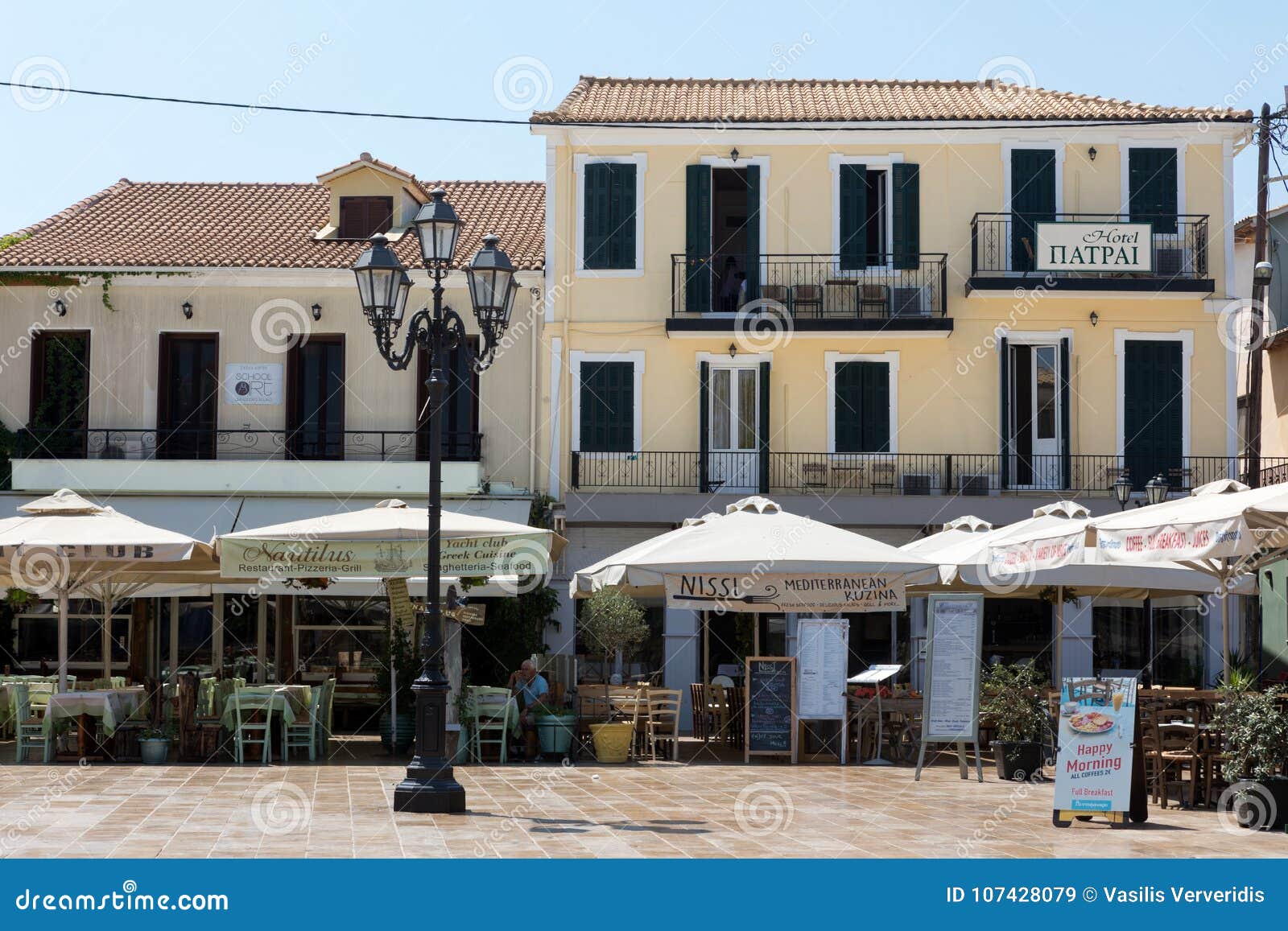 Street View with Colorful Old Houses in Levkas City on Lefkada I Stock ...