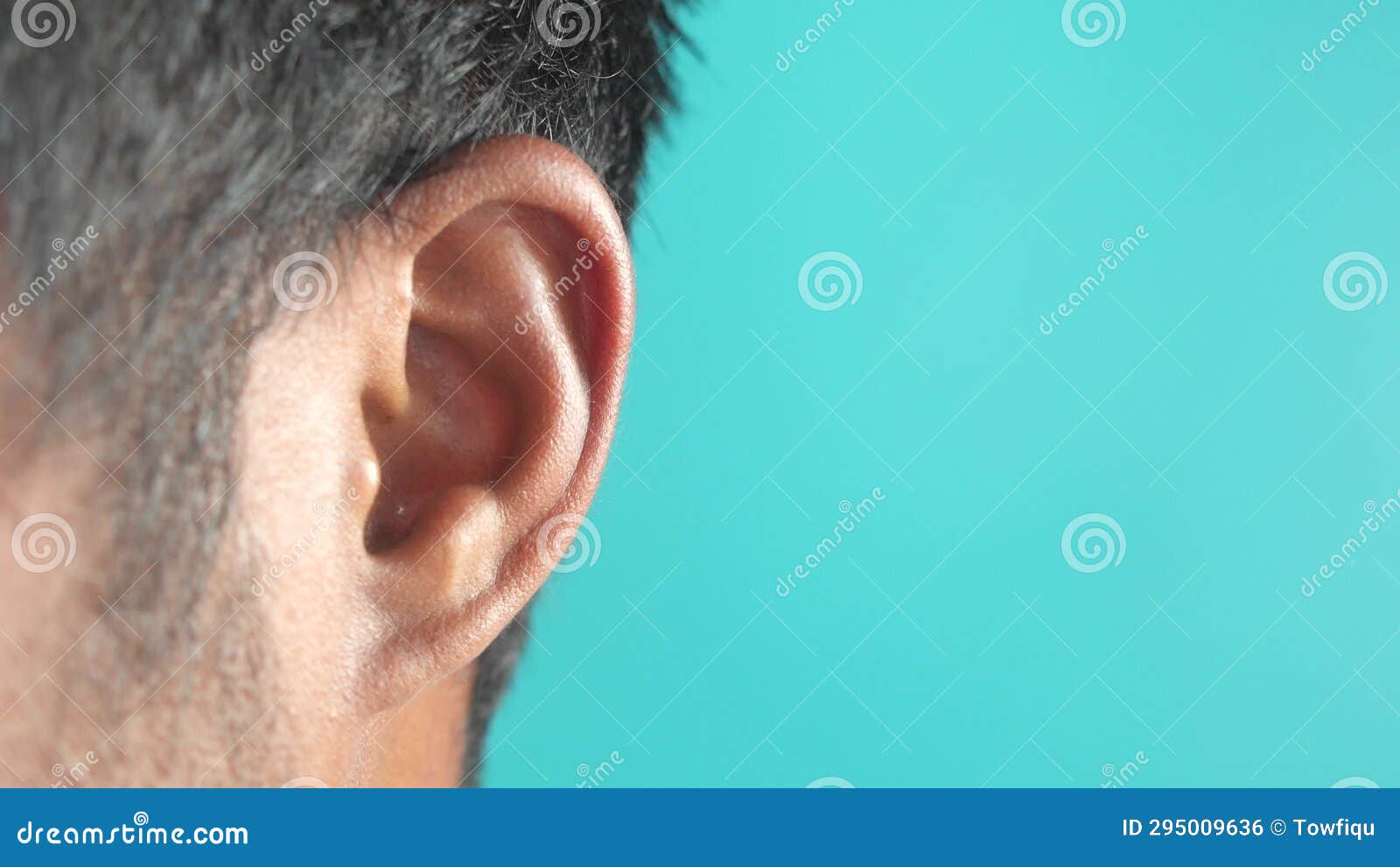 Left Ear of Young Men. Problem of Perception, Deafness, Hear Concept
