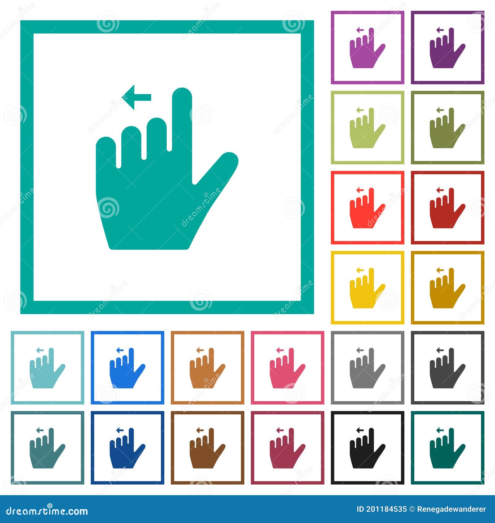 left handed move left gesture flat color icons with quadrant frames