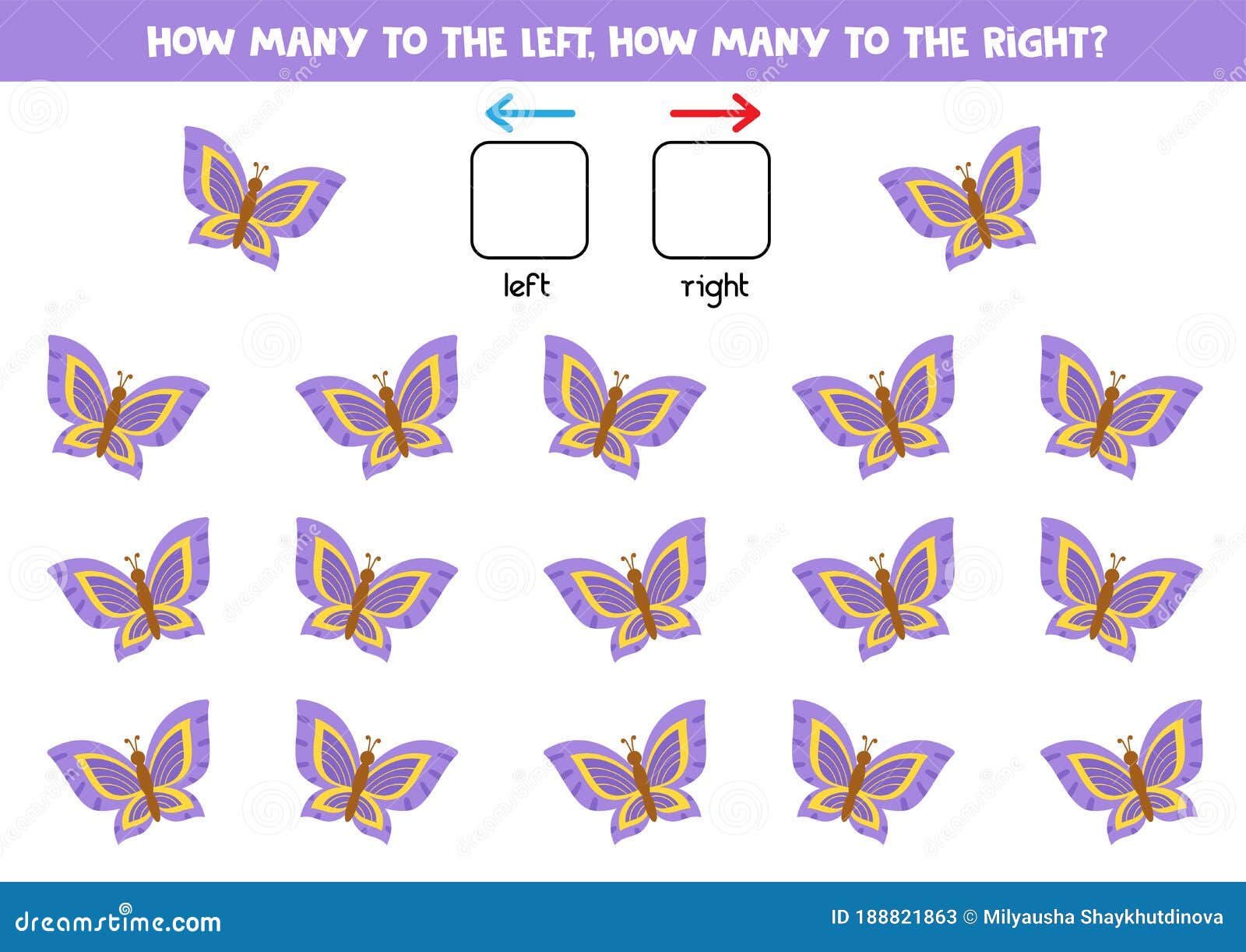 Left or Right. Spatial Orientation for Kids. Cartoon Butterfly