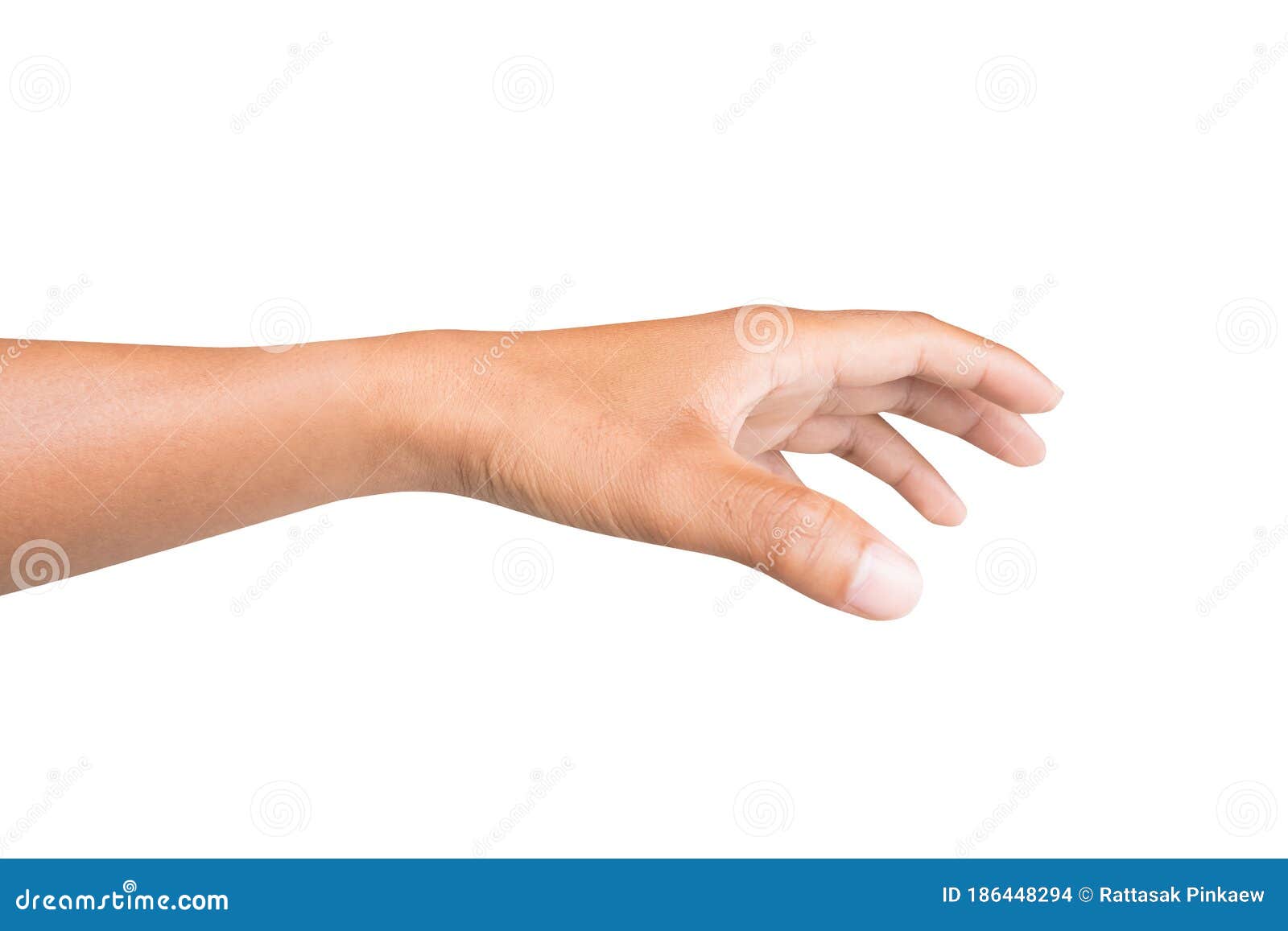 left side hand of a man trying to reach or grab something. fling, touch sign. reaching out to the left.  on white