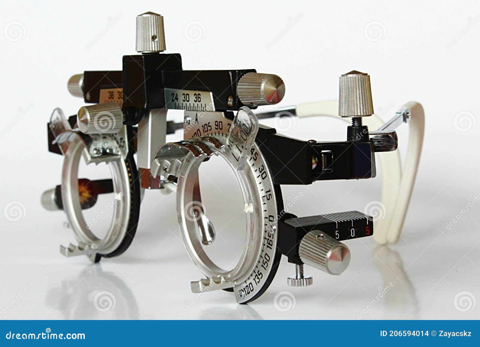 left side view of trial frame used in ophtalmology and optometry to diagnose and correct refractive errors.