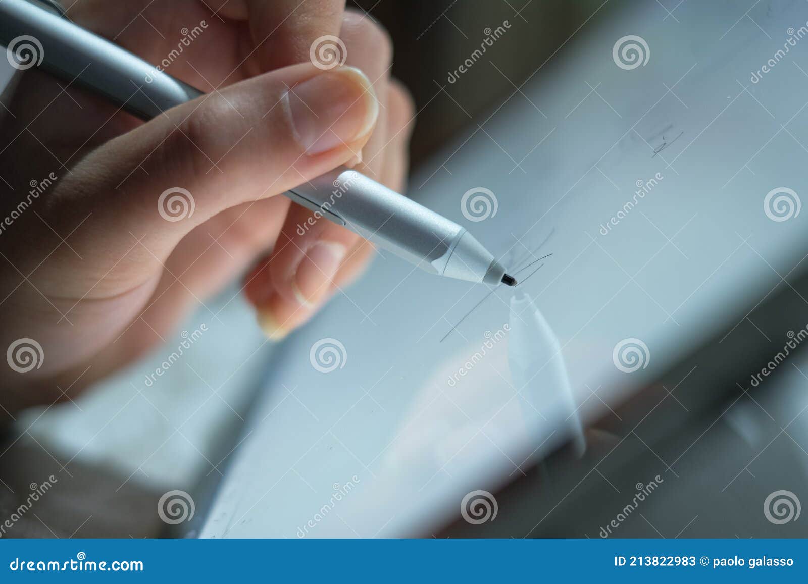 Woman Hand View while Using Graphics Tablet Stylus for Home Smart ...