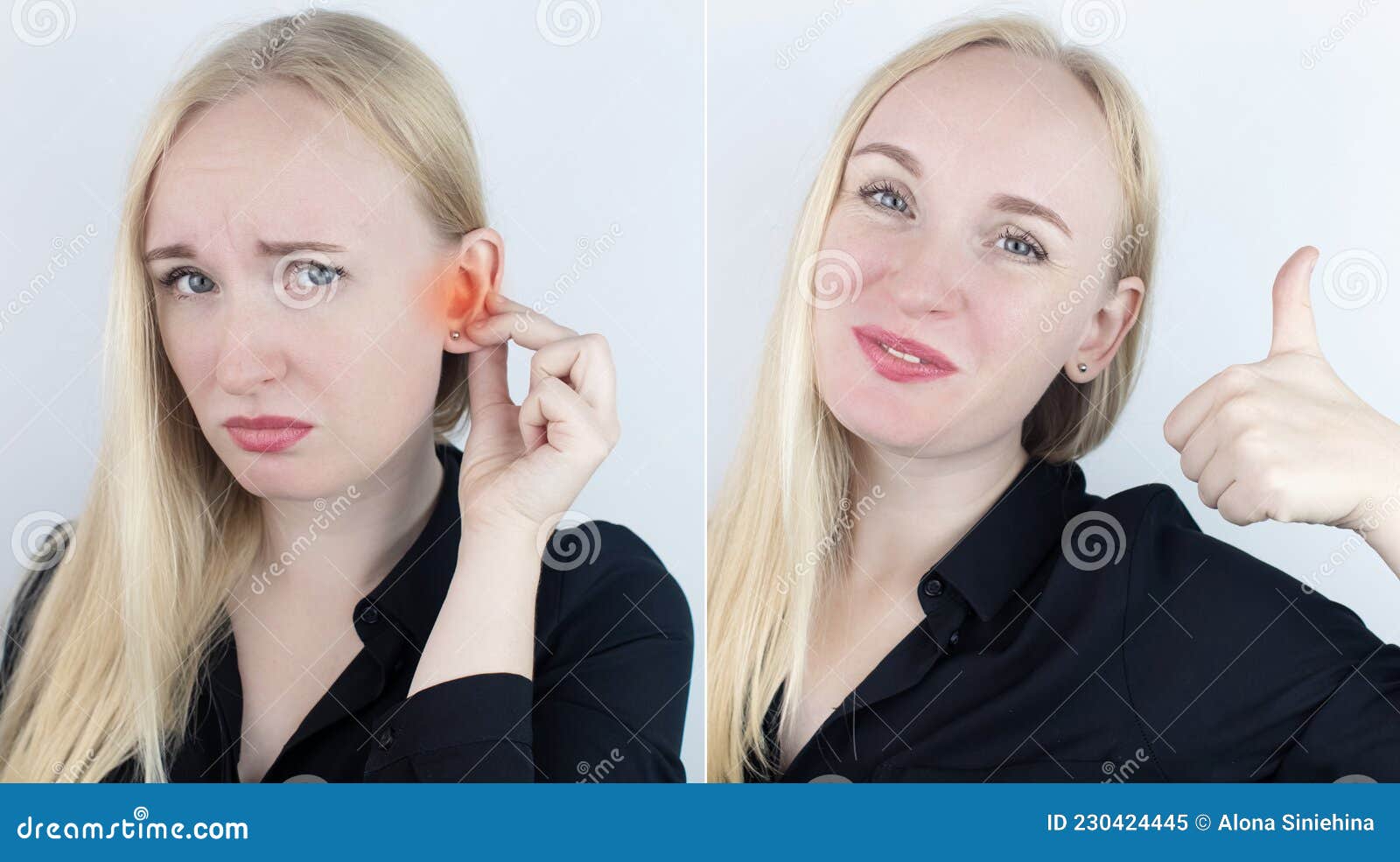 before and after. on the left, the woman indicates ear pain, and on the right, indicates that the ear no longer hurts. pain