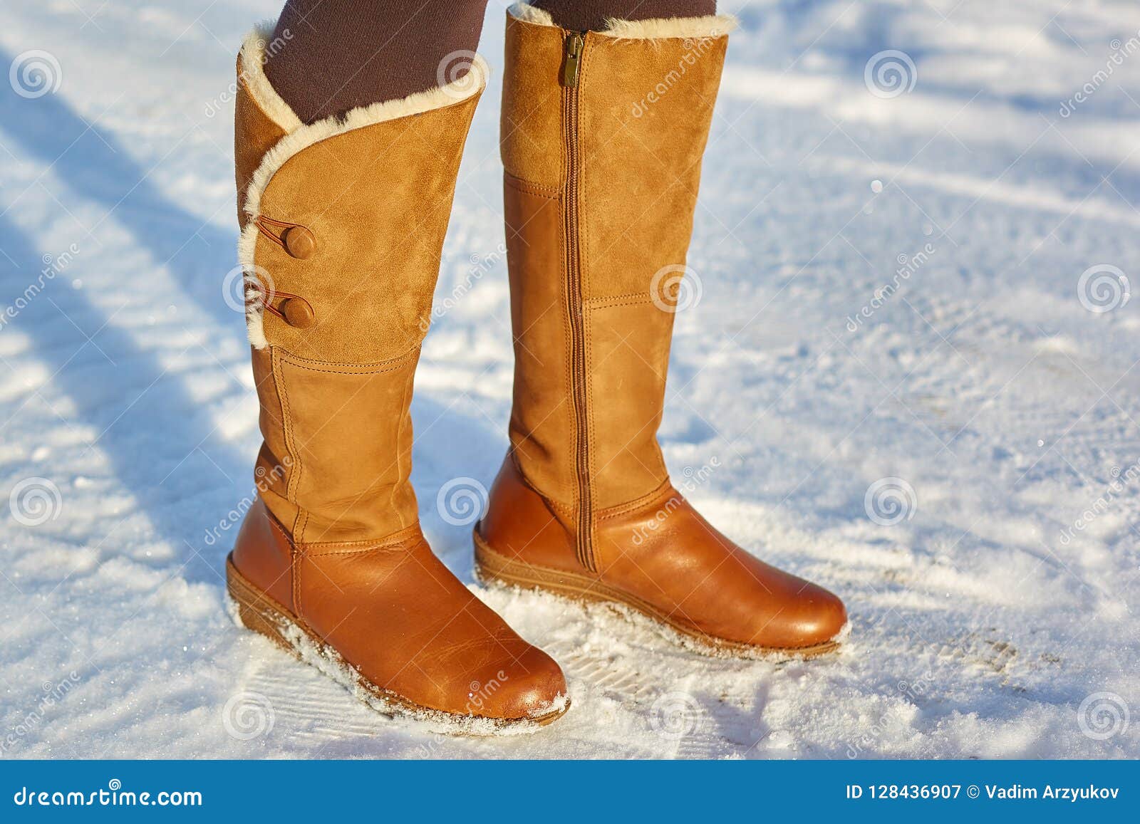 Leg Woman Winter Brown Fur Boots Walking on the Snow in a Winter Park ...