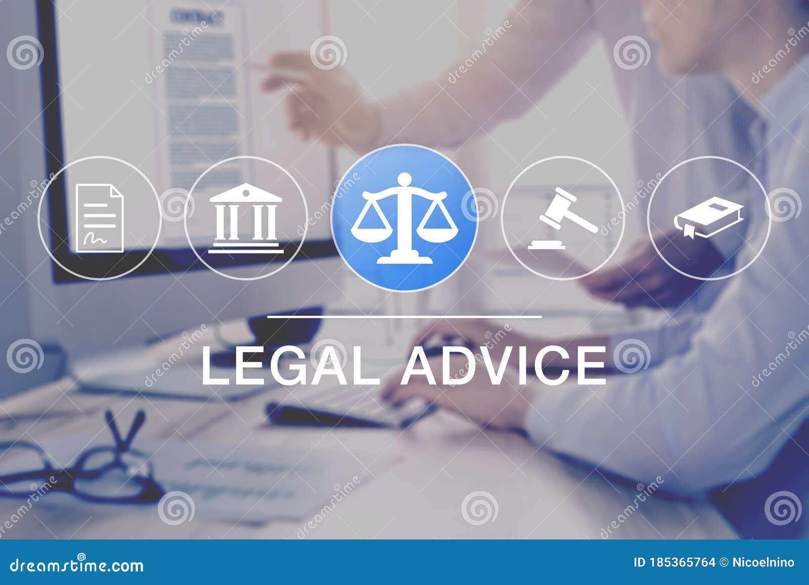 legal advice and lawyer consulting service, concept with icons of justice, court, law, contract and in background two consultant