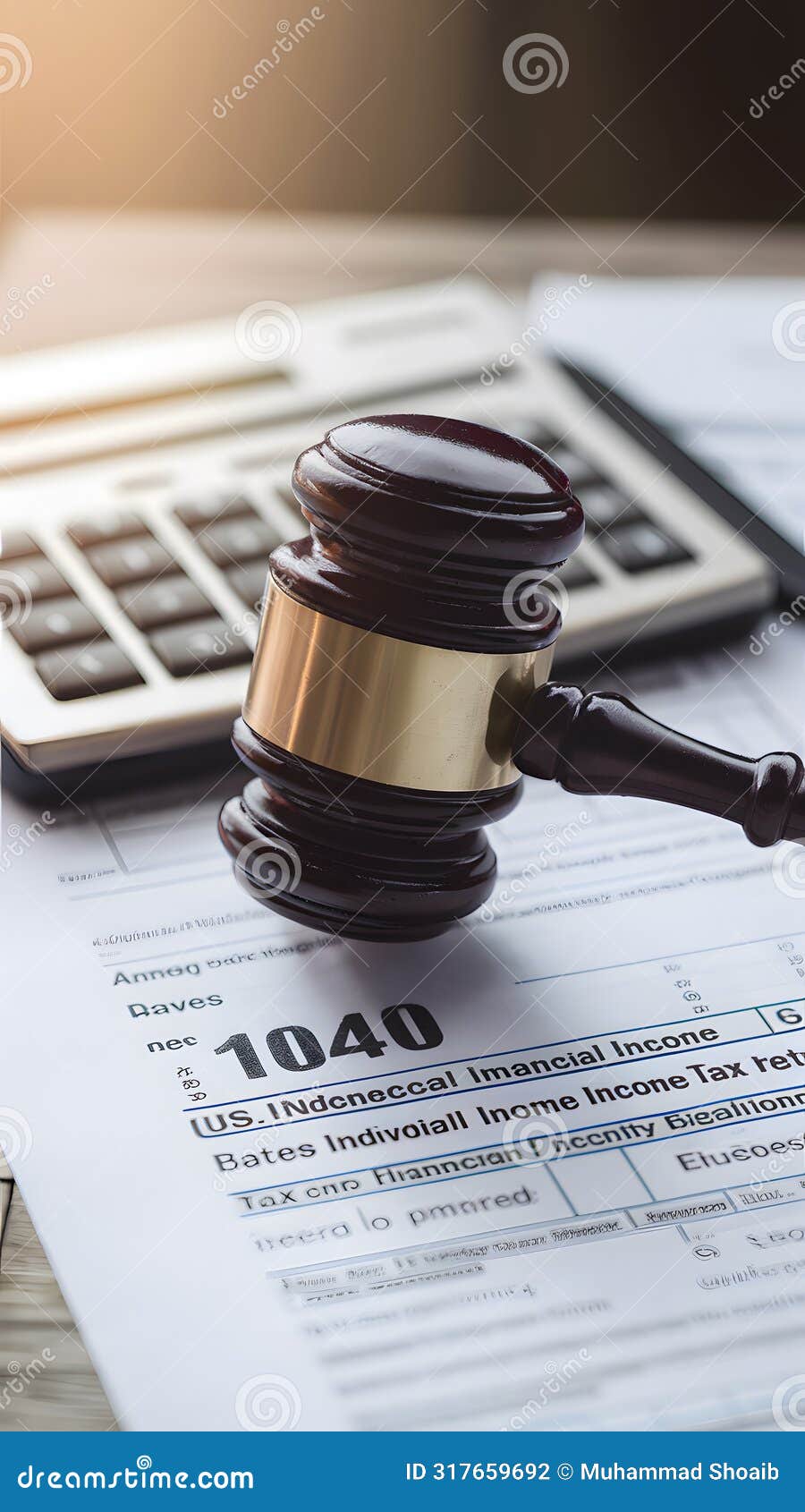legal  gavel on tax form with calculator signifies financial implication and obligations.