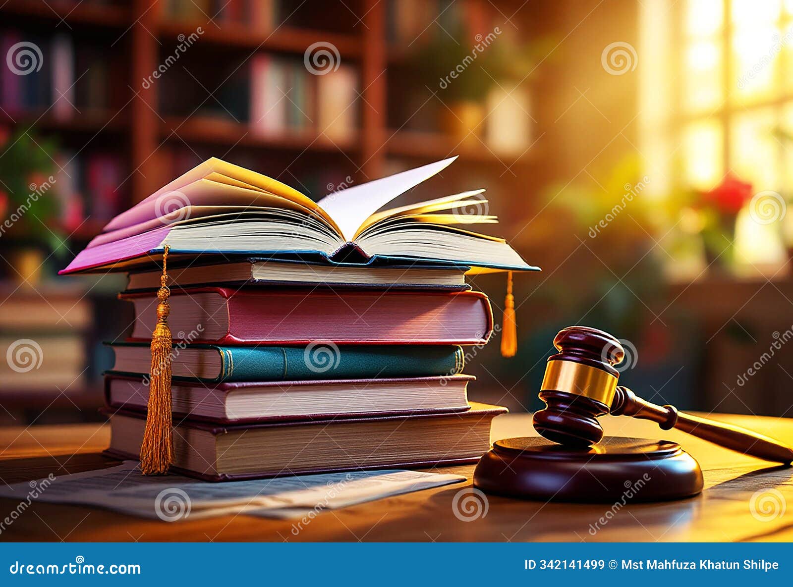 legal text with judge's mallet and tassel in sunlight