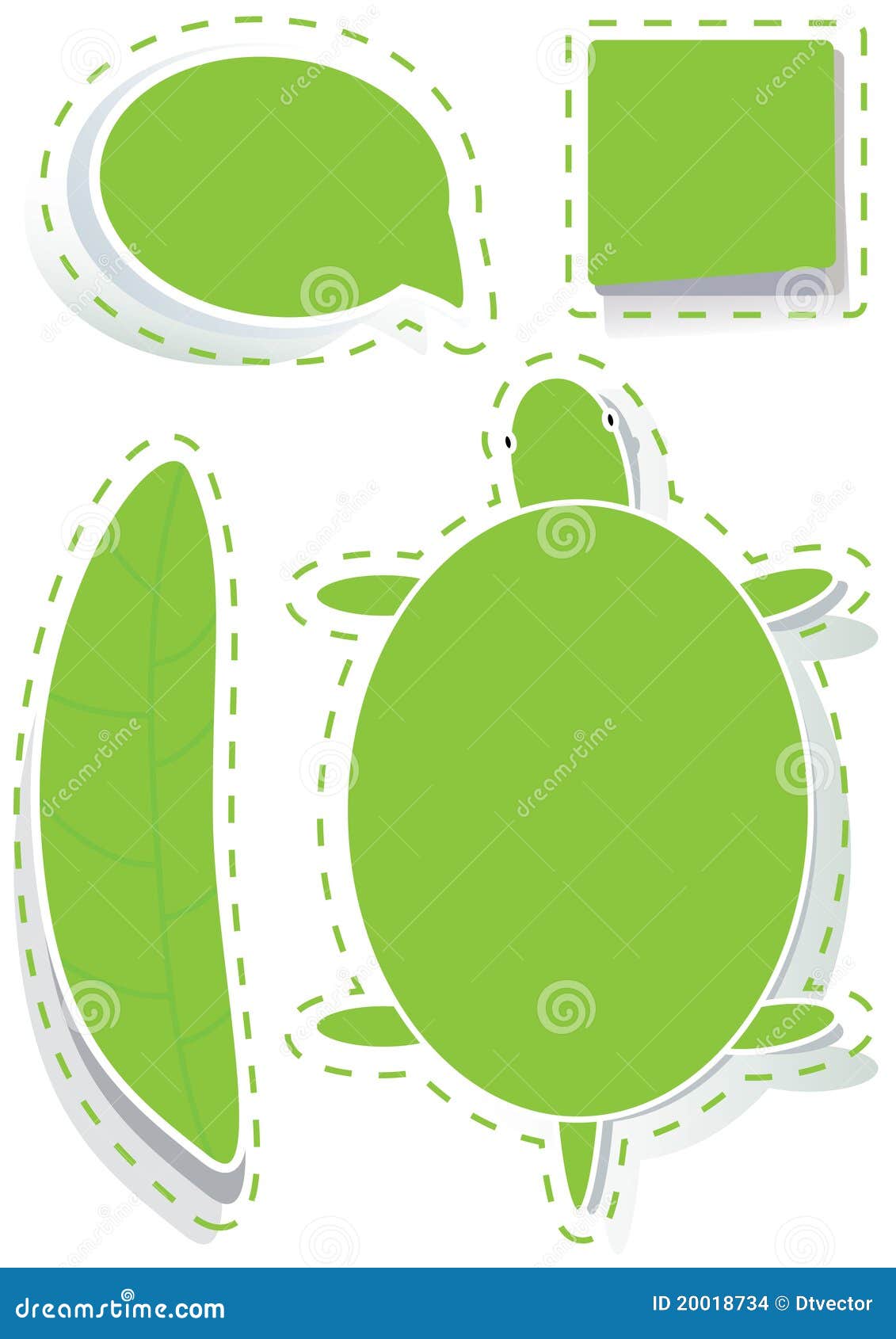 Lege Stijl Stickers_eps. Illustratie van groene kleurenstickers met toespraakbel, notadocument, blad, schildpad op witte achtergrond. ---Dit .eps dossierinfoDocument: A4 de Wijze van de Kleur van SizeDocument van het Document: CMYK ColorPreview: TIF (Kleur met 8 bits) omvat de Duimnagels van het Document