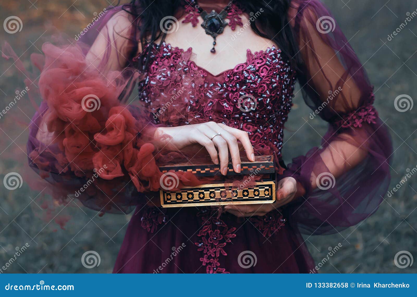 legend of pandora`s box, girl with black hair, dressed in a purple luxurious gorgeous dress, an antique casket opened