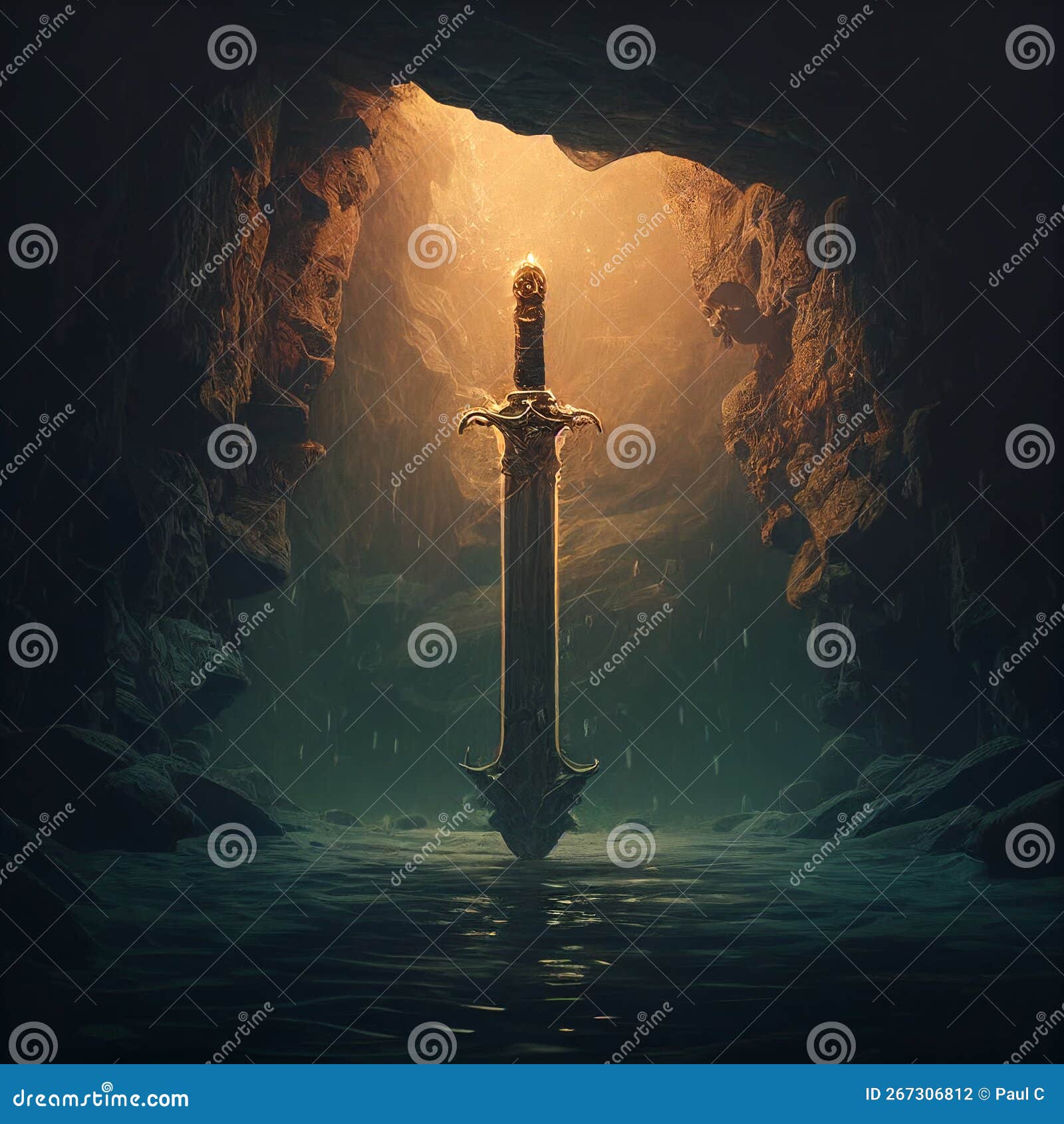 legendary fantasy sword silver gold relic dnd rpg concept caravaggio style painting generative ai