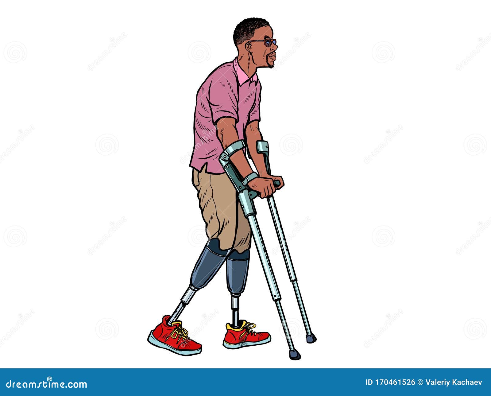 legless african veteran with a bionic prosthesis with crutches. a disabled man learns to walk after an injury