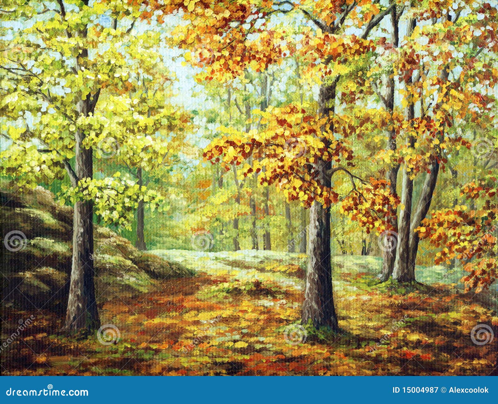 Descriva le pitture ad olio su una tela di canapa, paesaggio: legno di autunno