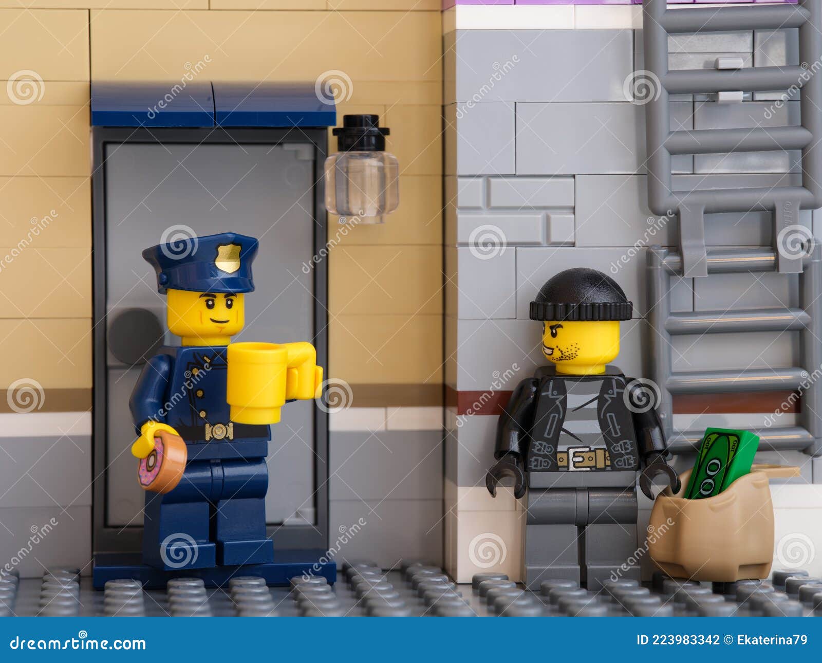 Lego Police Officer Drinking Coffee and Eating a Donut while a Robber is  Hiding with a Bag of Money Around the Corner Editorial Photography - Image  of money, minifigure: 223983342