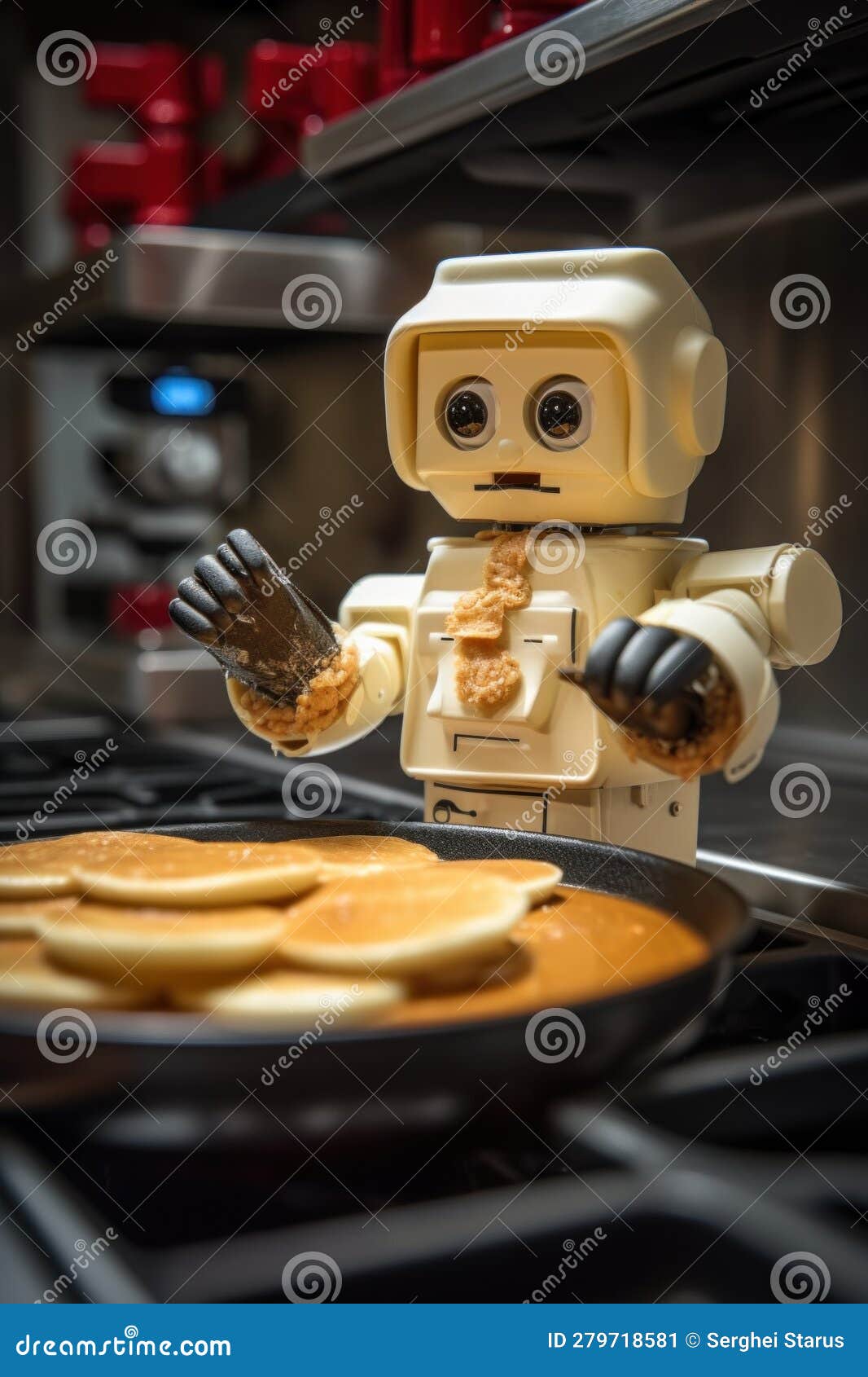 A Lego Robot Making Pancakes in a Kitchen. Generative AI Image. Stock