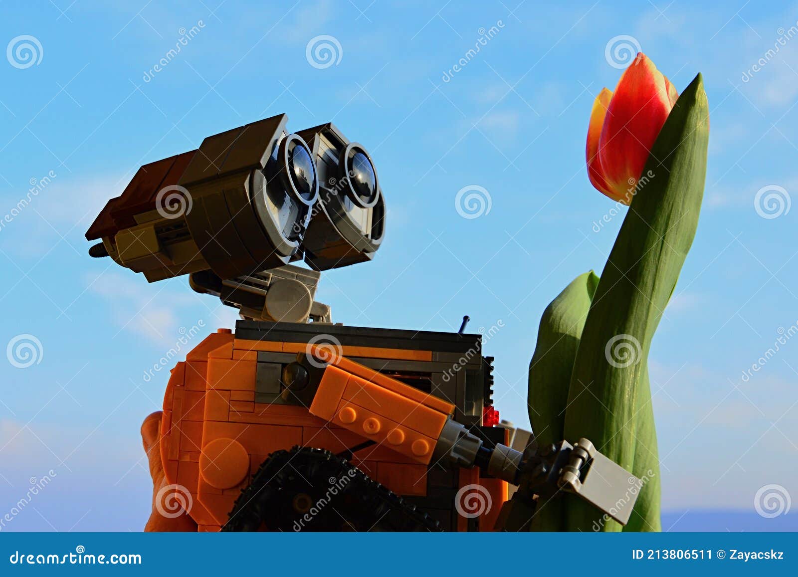 LEGO Wall-E Robot Figure from Pixar Animated Movie Holding Spring Orange To  Yellow Tulip Flower, Blue Skies in Background Editorial Photo - Image of  figure, symbol: 213806511