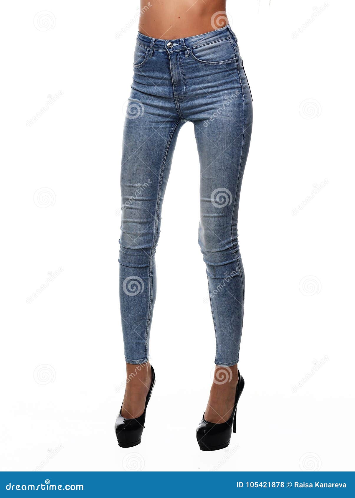 Legs in Jeans Belongs To Beautiful Girl. Isolated on White Back Stock ...