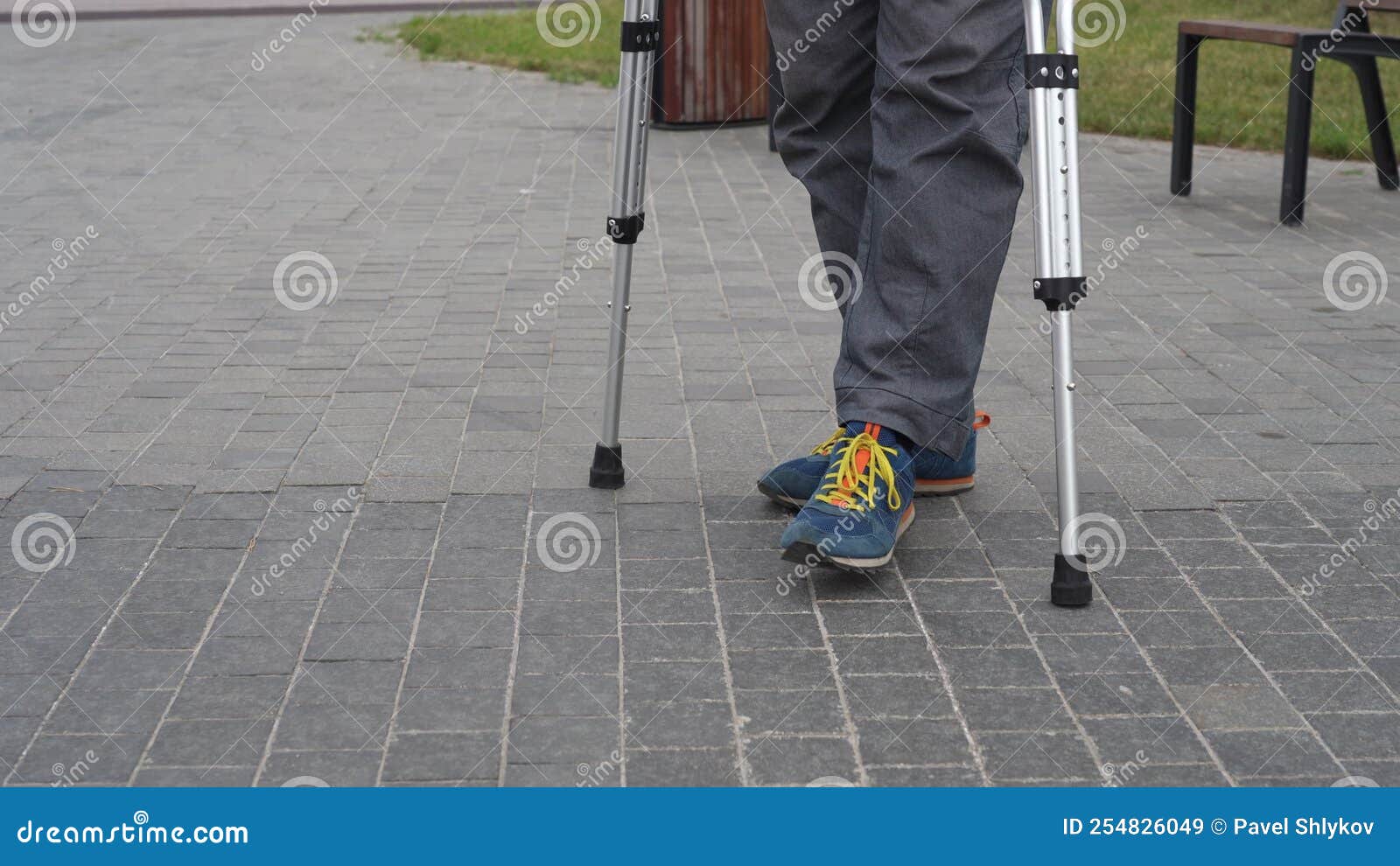 Legs of a Man Standing with Crutches Stock Video Video of flipflops