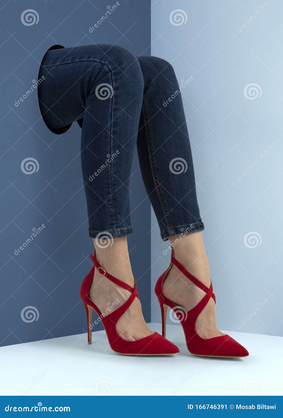 Legs Wearing Red High Heels Breaking through Pastel Blue Wall Creative ...