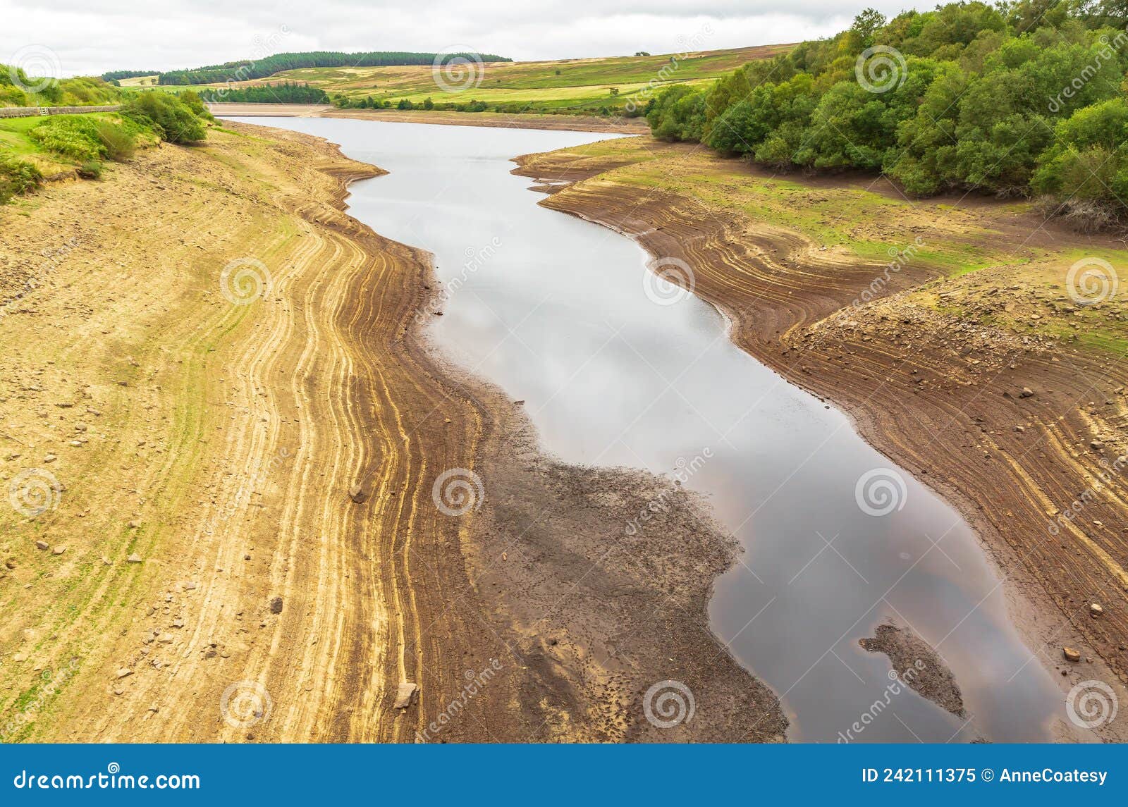 Leighton Reservoir in Nidderdale, North Yorkshire, UK, with very low water levels following a prolonged heatwave and no rainfall