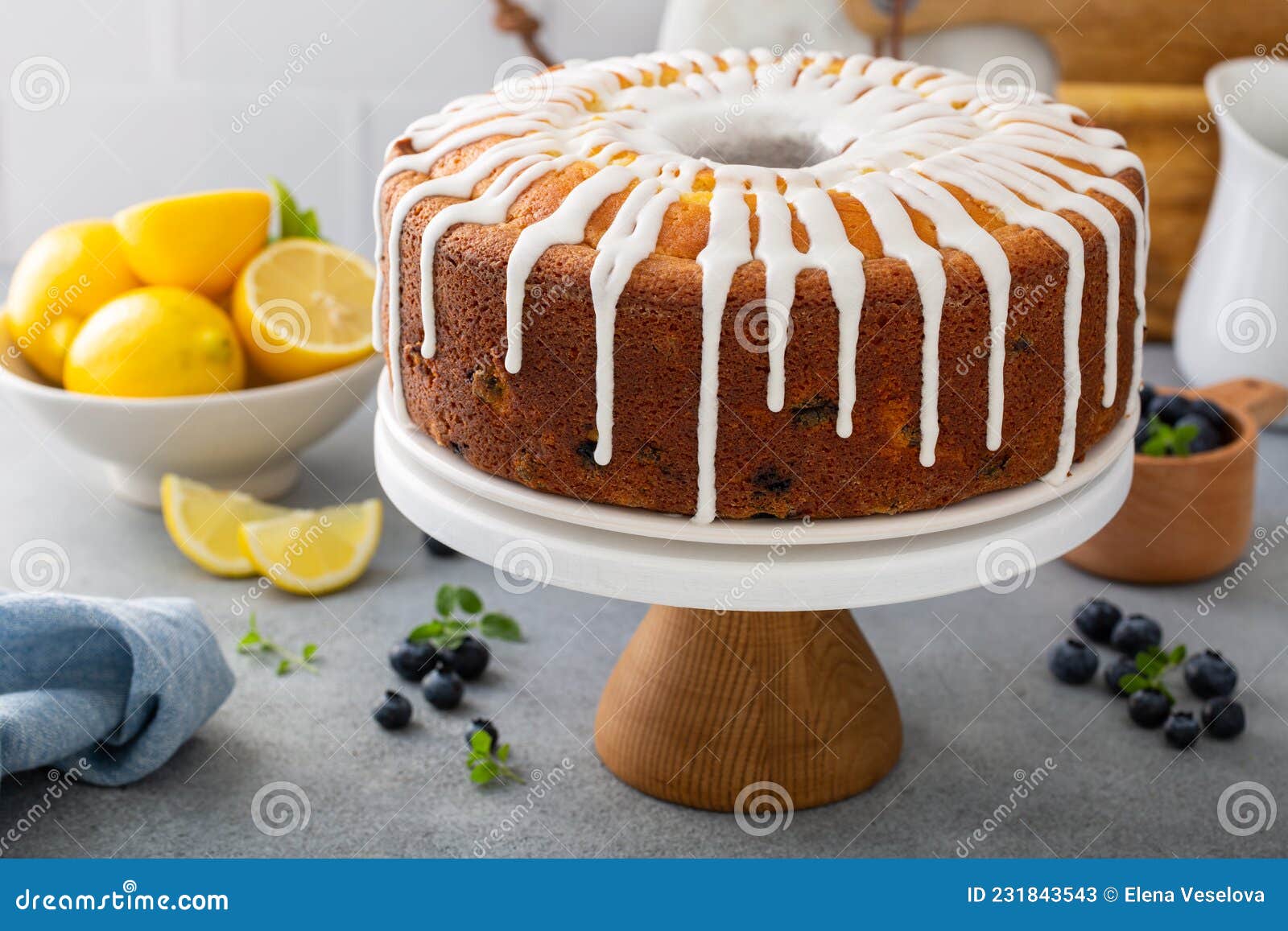 lemon blueberry pound cake with powder sugar glaze
