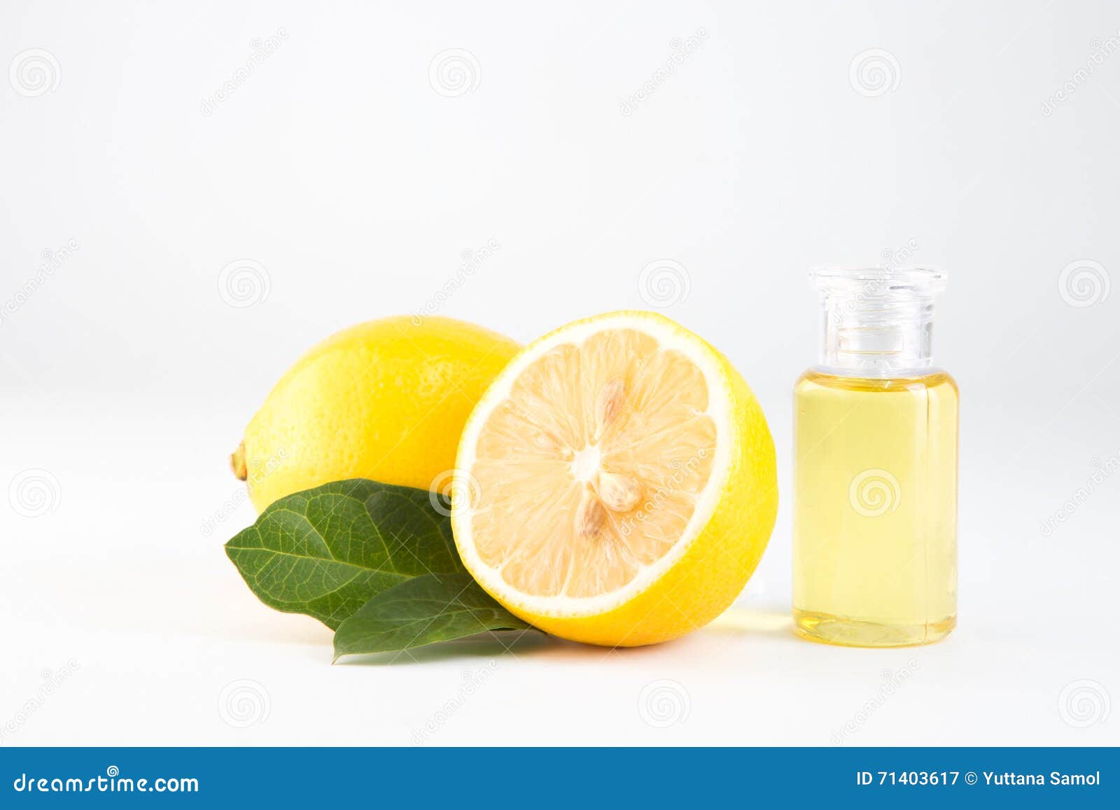 Lemon Essential Oil and Lemon Fruit Isolate on White Background Stock