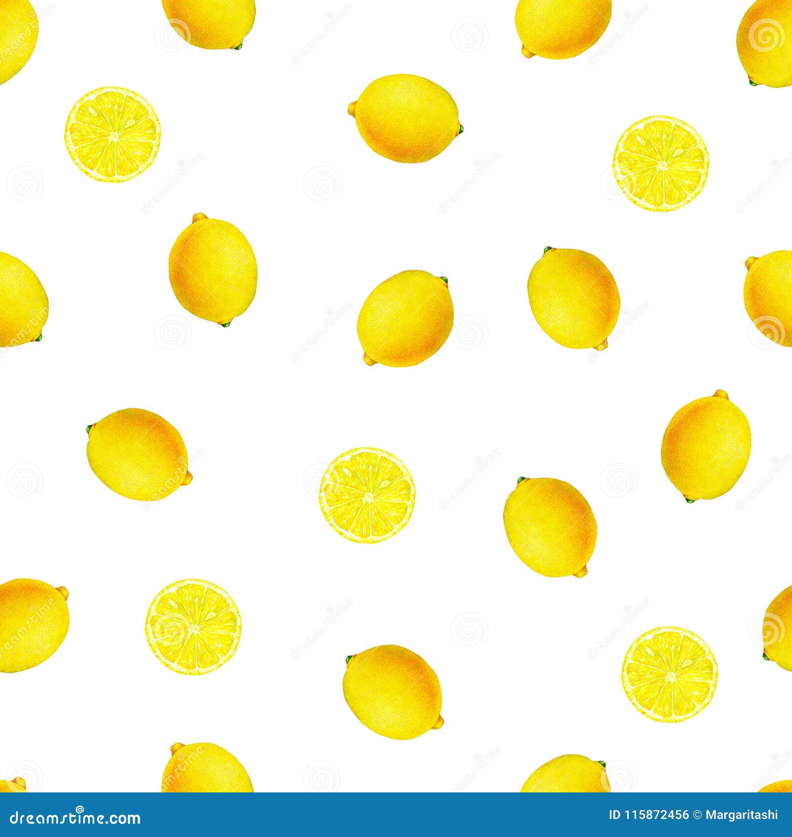 Lemon Fruits Isolated On Yellow Background. Watercolor Drawing Seamless ...