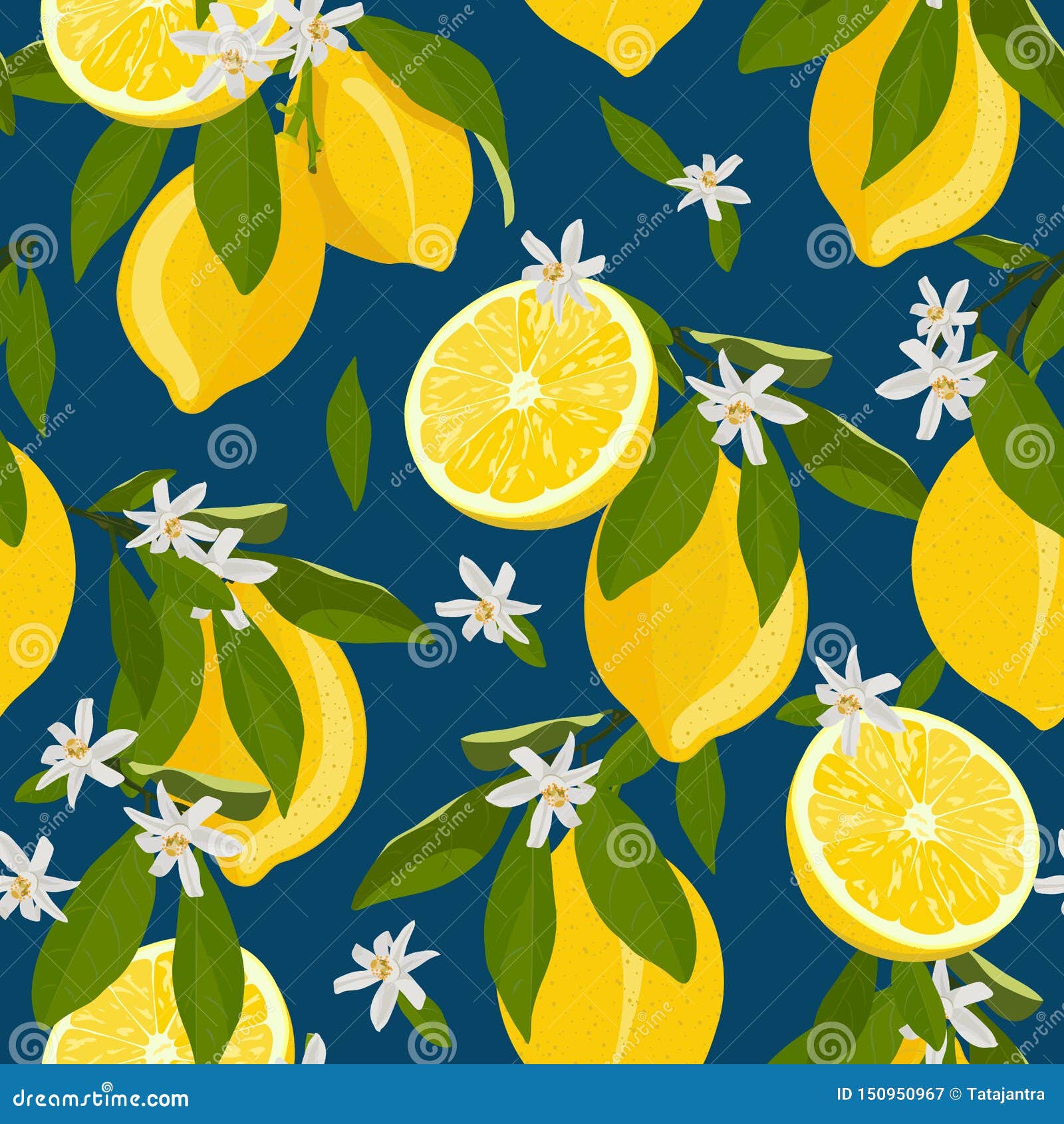 Lemon Fruits Seamless Pattern with Flowers and Leaves Blue Background ...