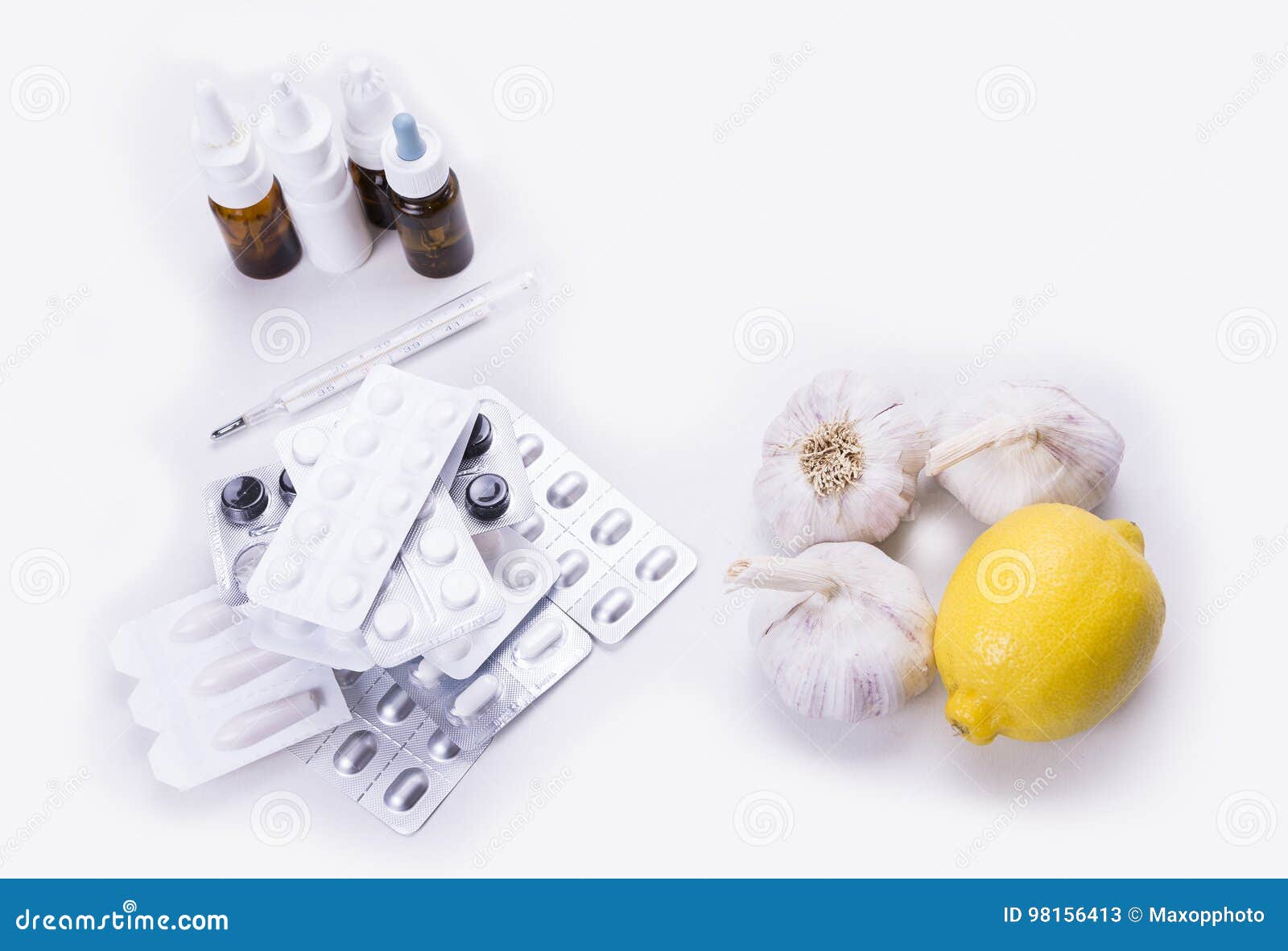 Lemon And Garlic Versus Pills Tablets And Drugs Stock Image Image of