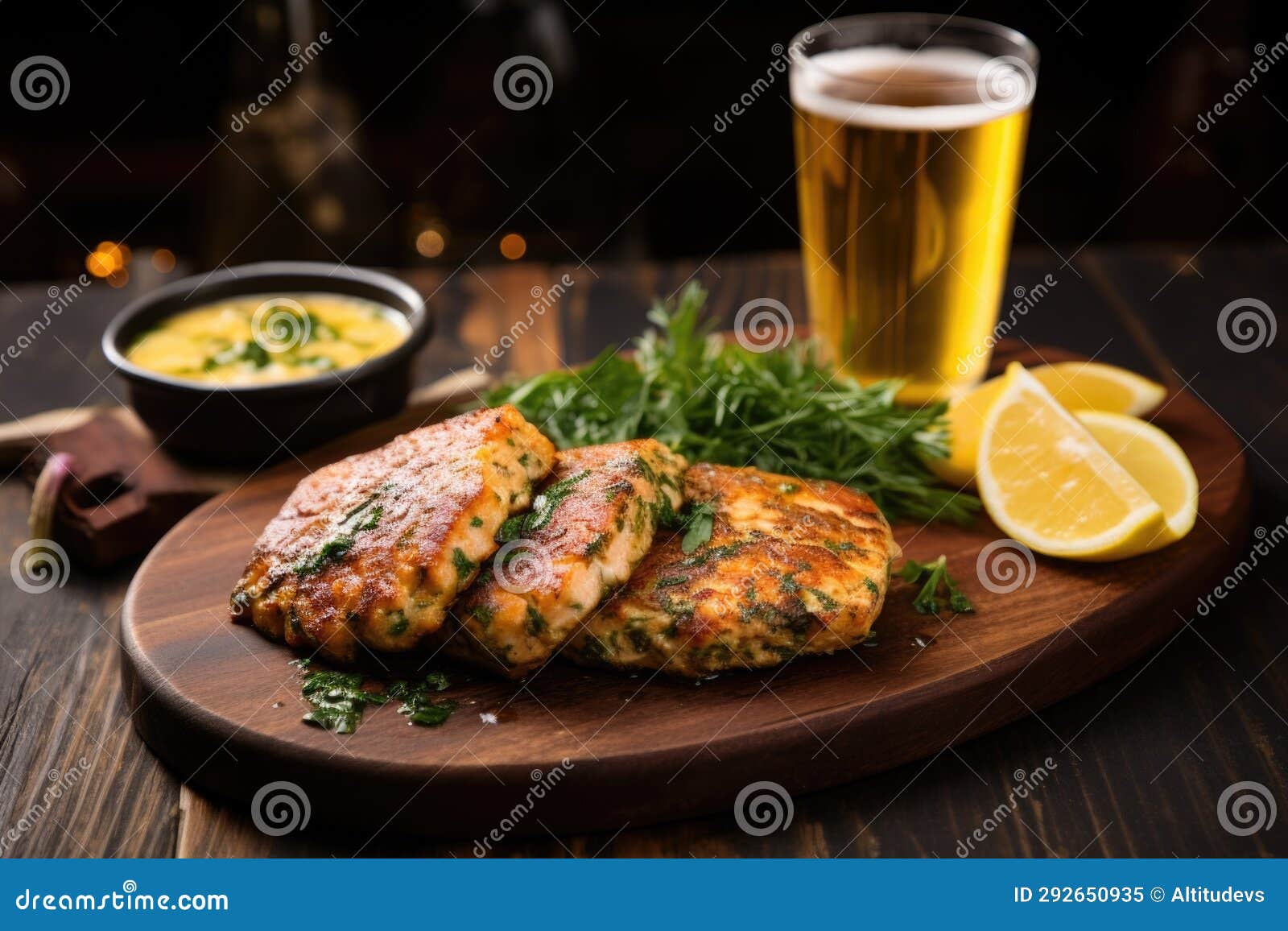 Lemonherb Marinated Fish Patty with Saison Beer on the Side Stock