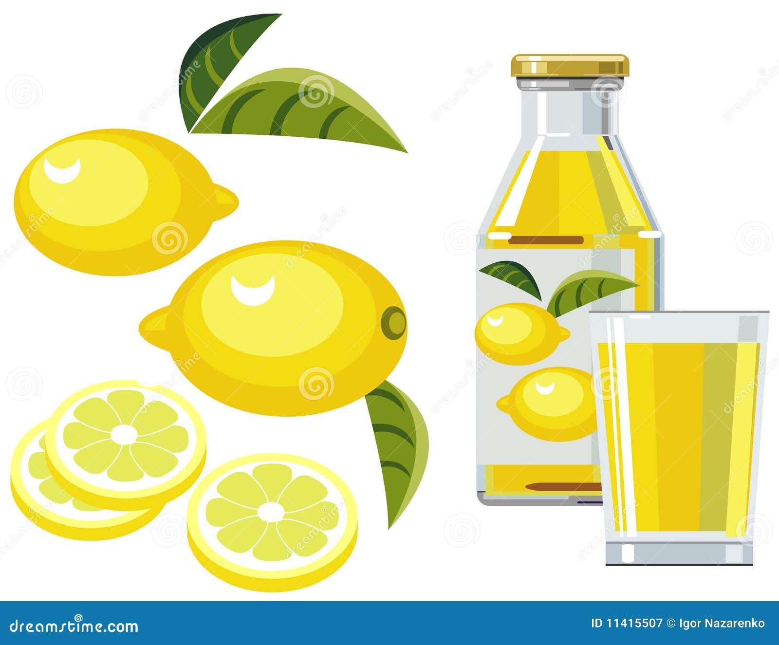 Lemon Juice with Bottle, Glass and Lemons Stock Vector Illustration