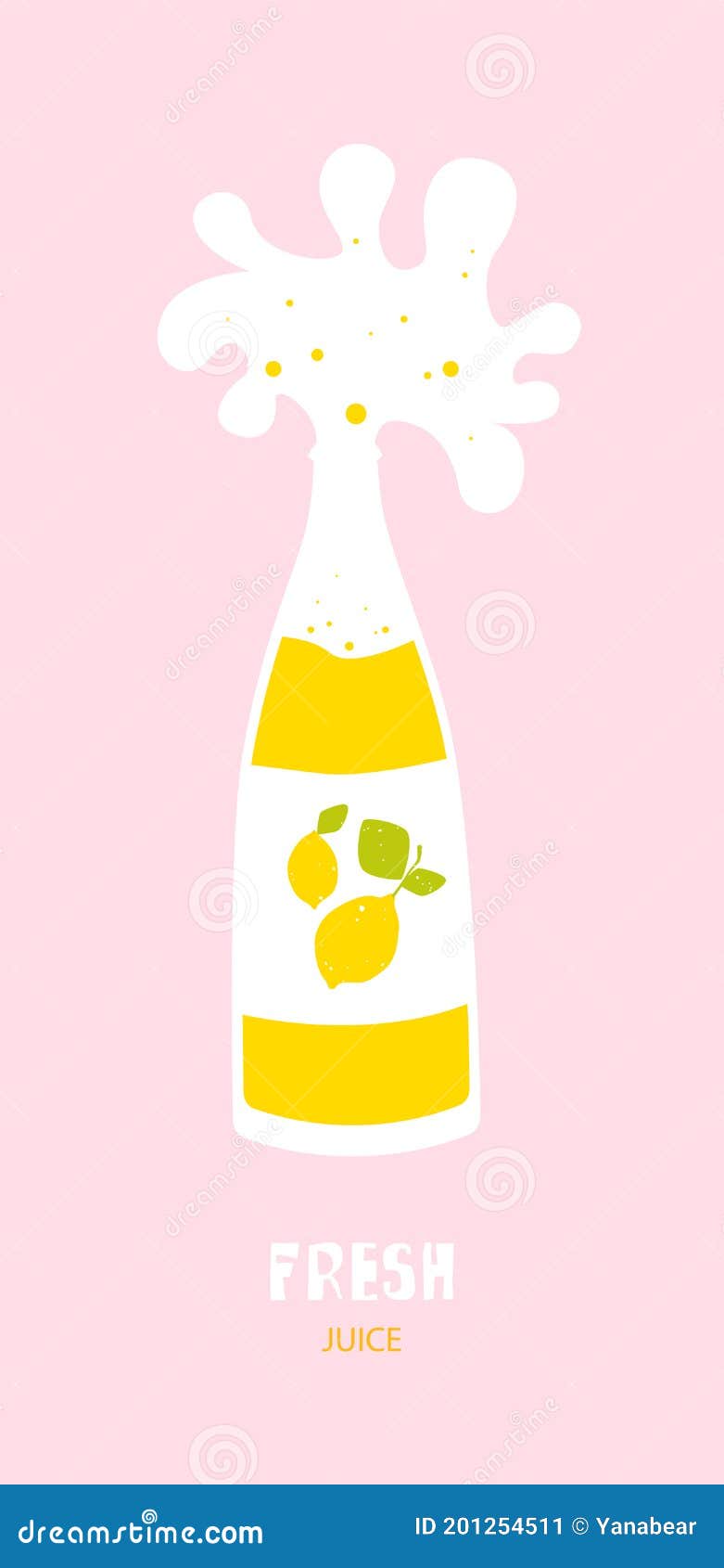A Lemon Juice Bottle with Splash on Pink Background. Flat Design Stock