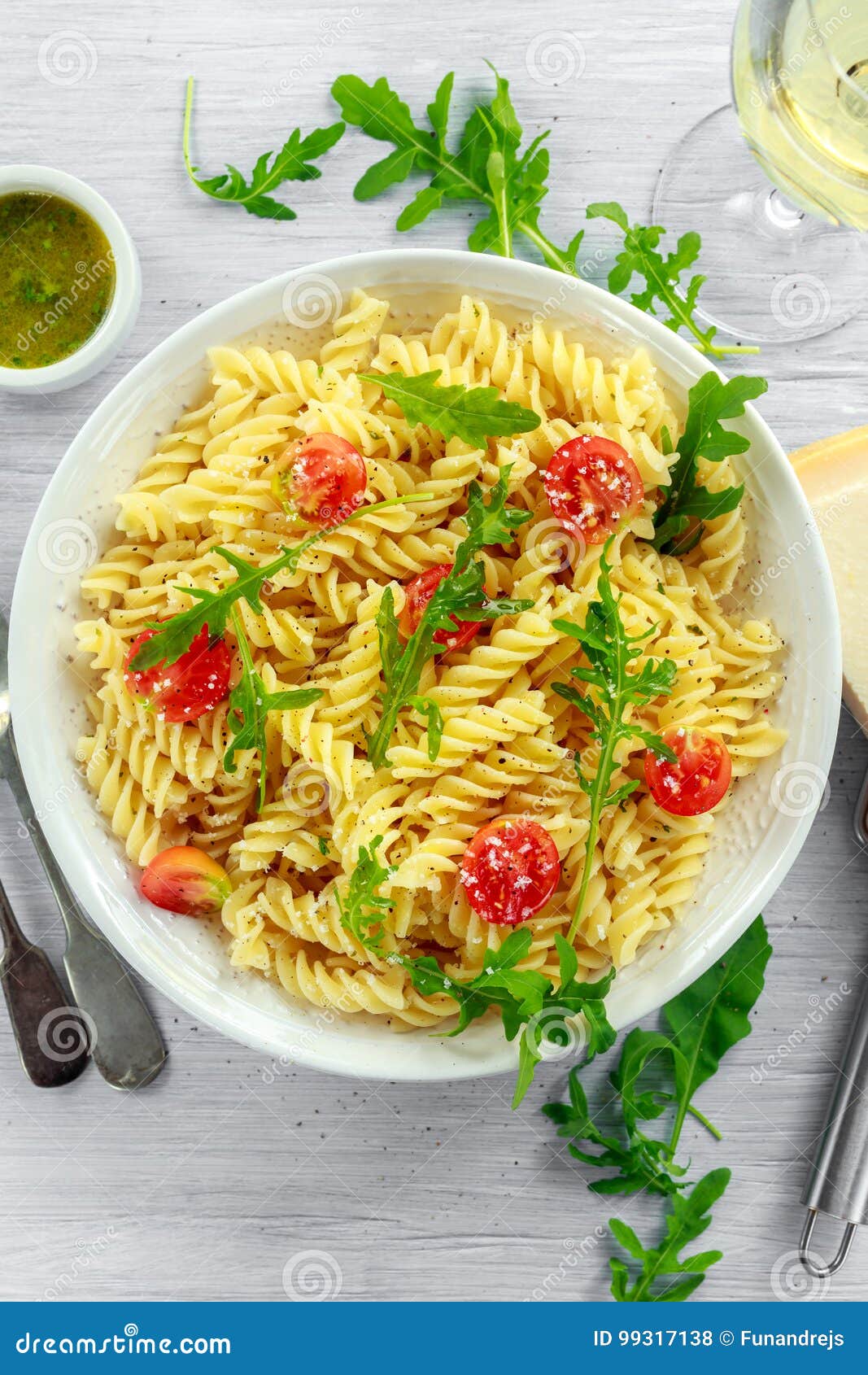 Lemon Rocket Rotini Pasta Salad with Cherry Tomatoes and Parmesan